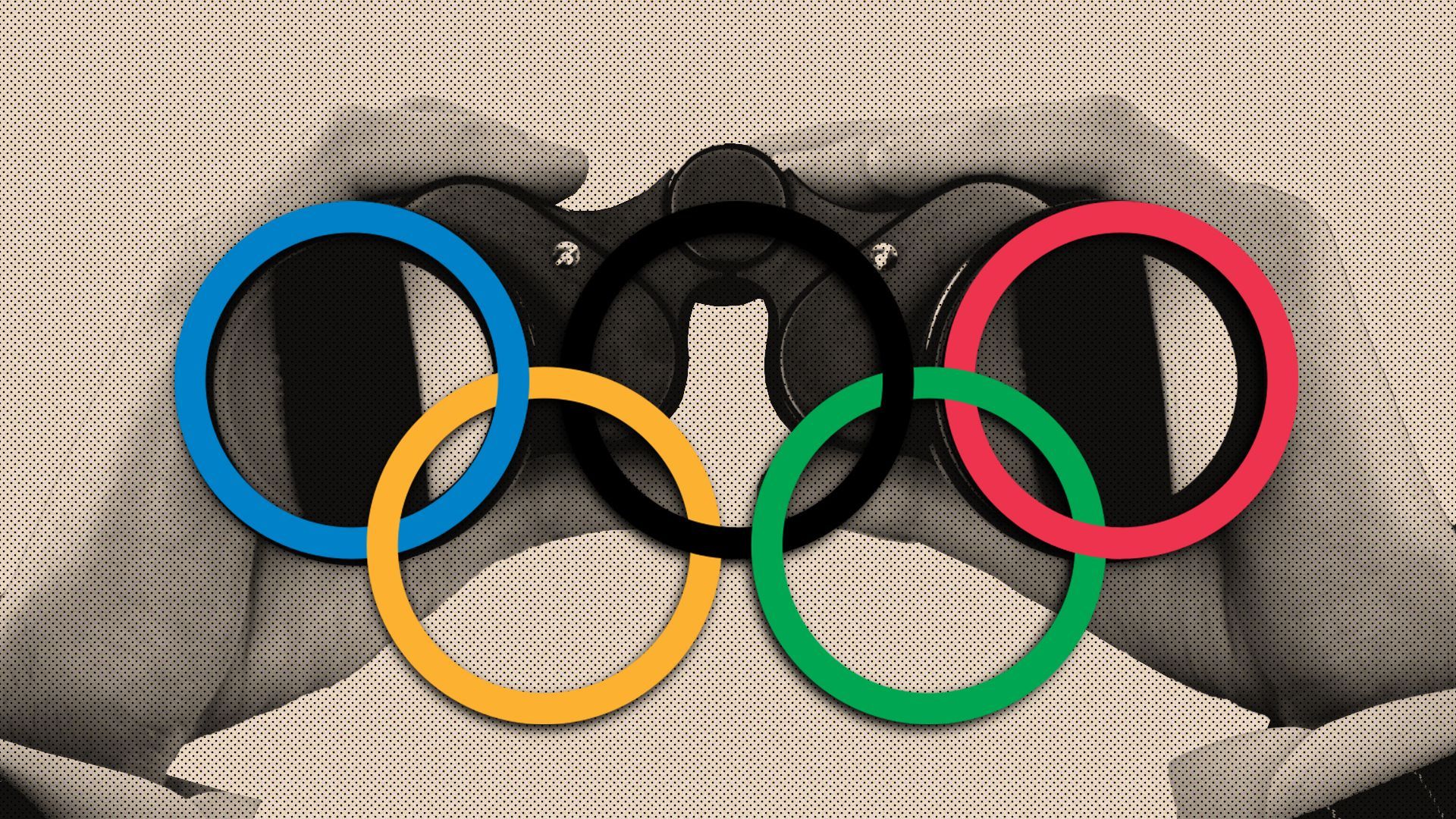 Illustration of hands holding up binoculars with the Olympic rings lining up with the lenses
