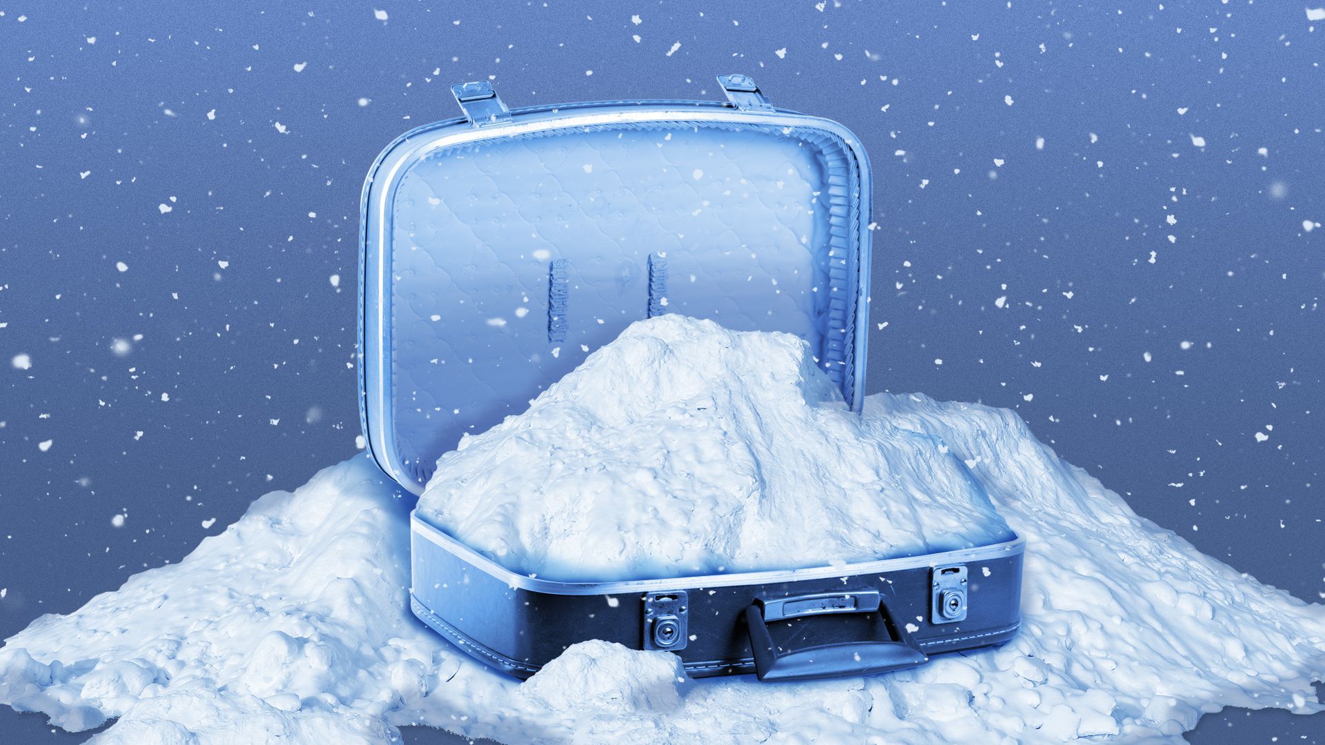 Illustration of a blue suitcase in a pile of snow