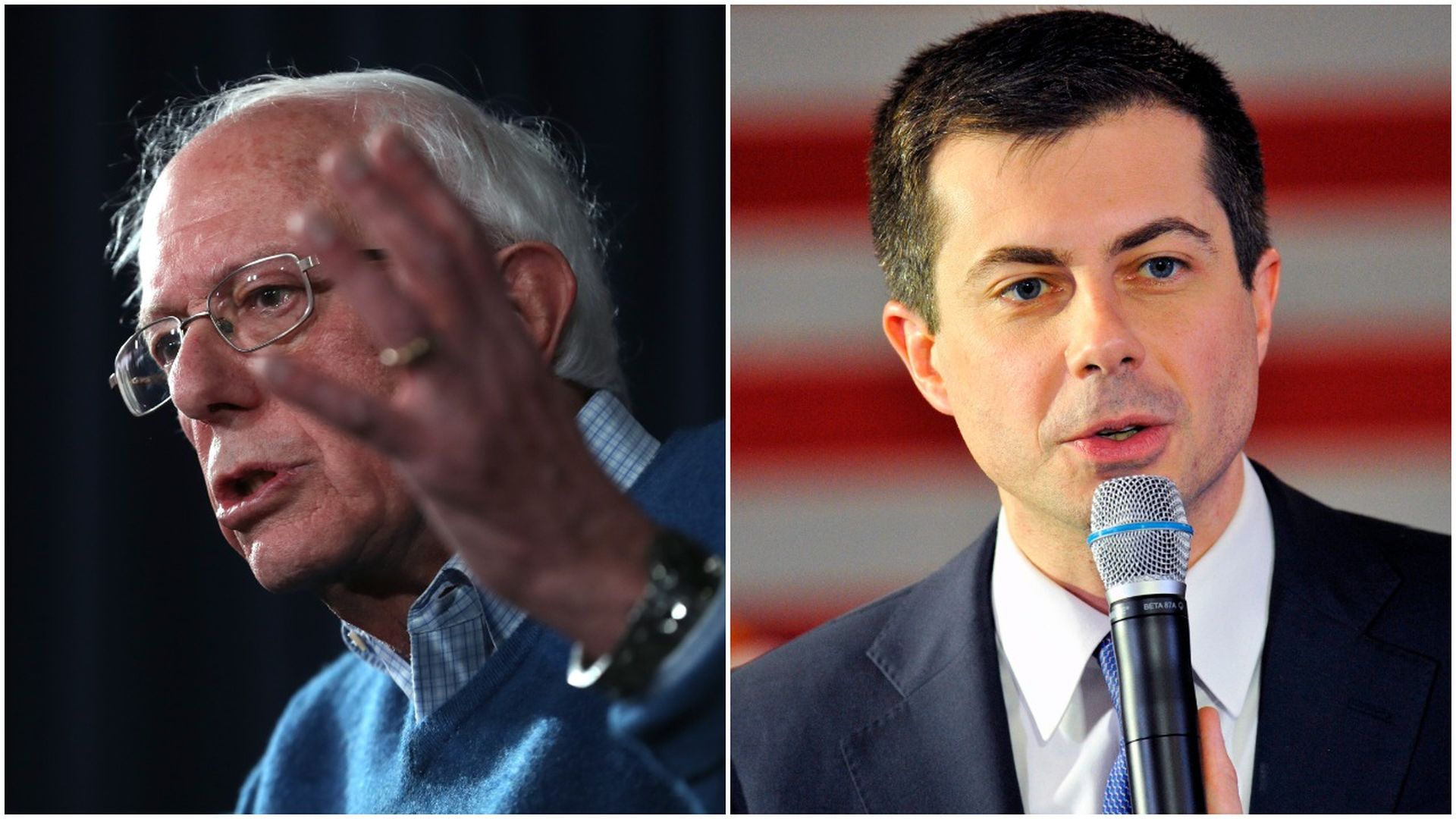 This image is a split screen of Bernie Sanders and Pete Buttigieg. 