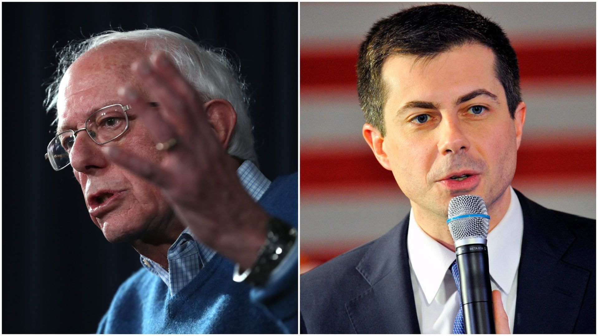 This image is a split screen of Bernie Sanders and Pete Buttigieg.