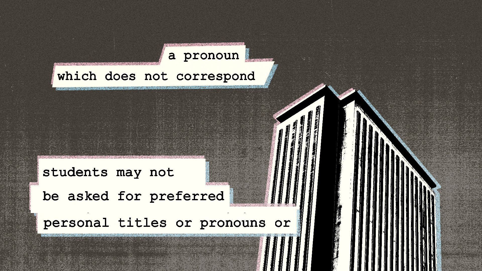 Illustration of a collage featuring the Florida State Capitol building and snippets of a bill barring the use of preferred pronouns for students and teachers.