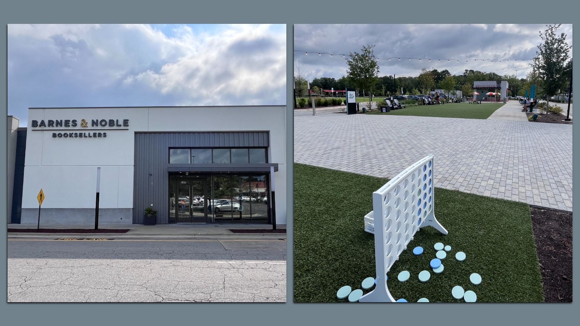 Split image: left shows Barnes & Noble Booksellers storefront; right shows an outdoor plaza with string lights, trees, people, and a giant Connect Four game on artificial turf in the foreground.