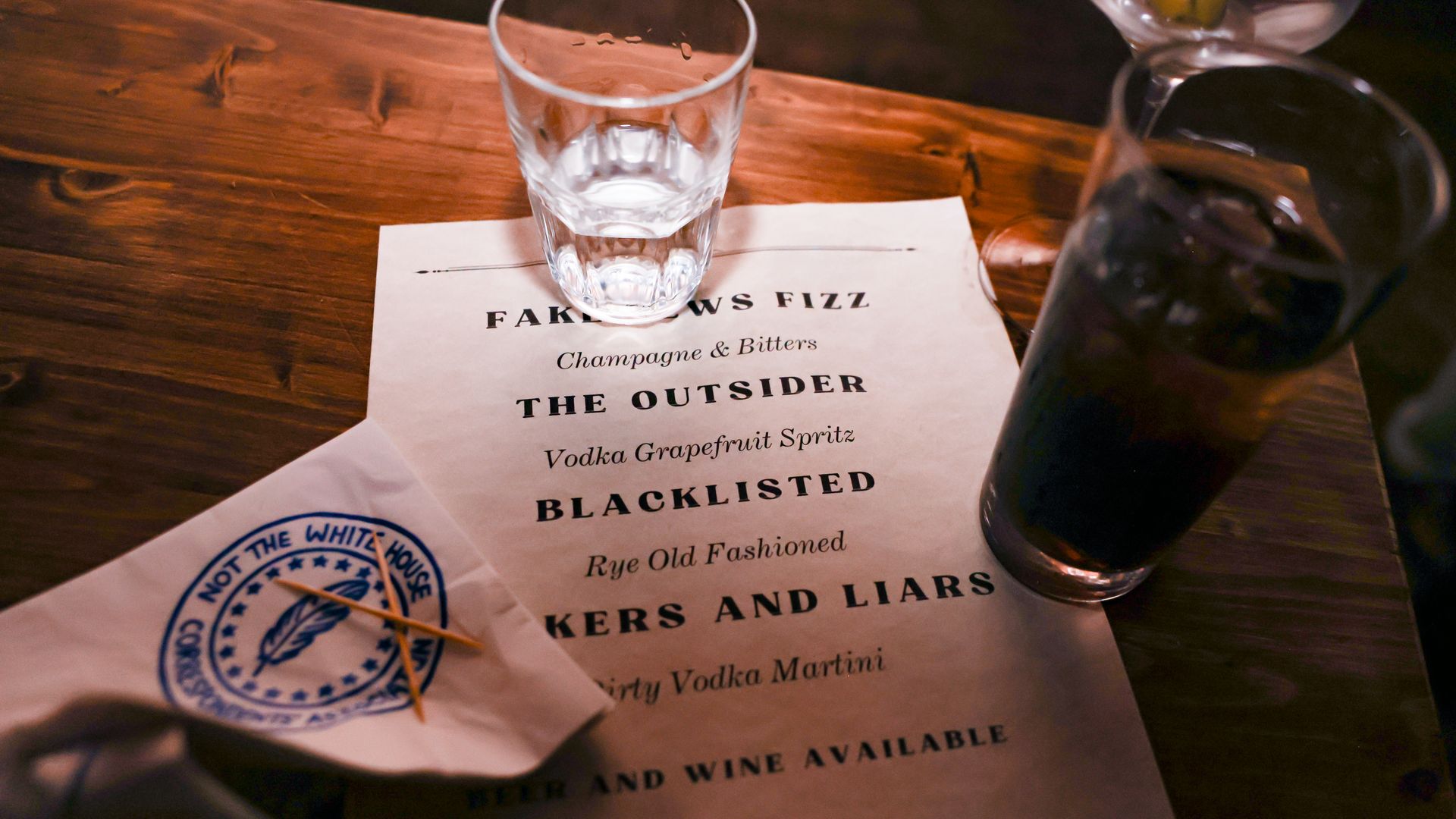 Washington, DC - APRIL 26, 2025: The cocktail menu at Butterworth's restaurant in the Capitol Hill neighborhood during the Uninvited party hosted by Steve Bannon after the White House correspondents' dinner in Washington, DC on April 26, 2025