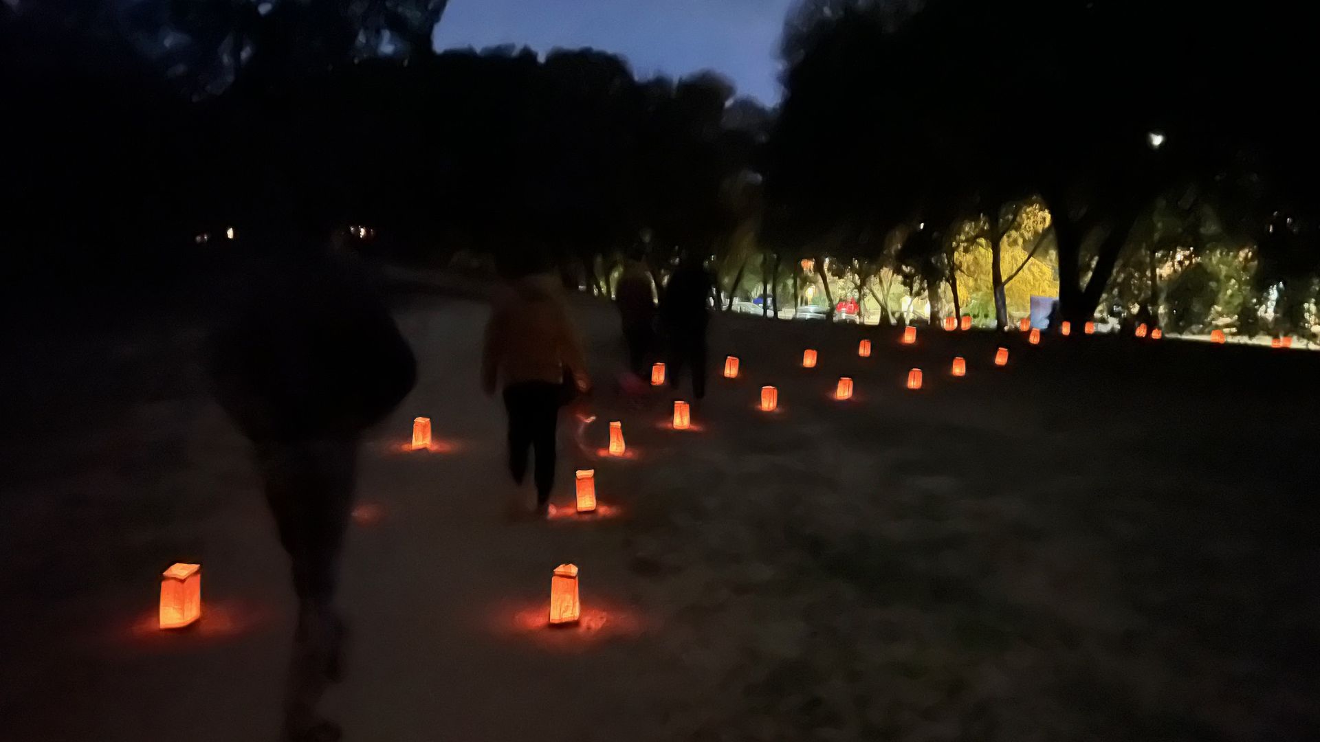 A candle lit path in a park after dark with silhouetted figures walking.