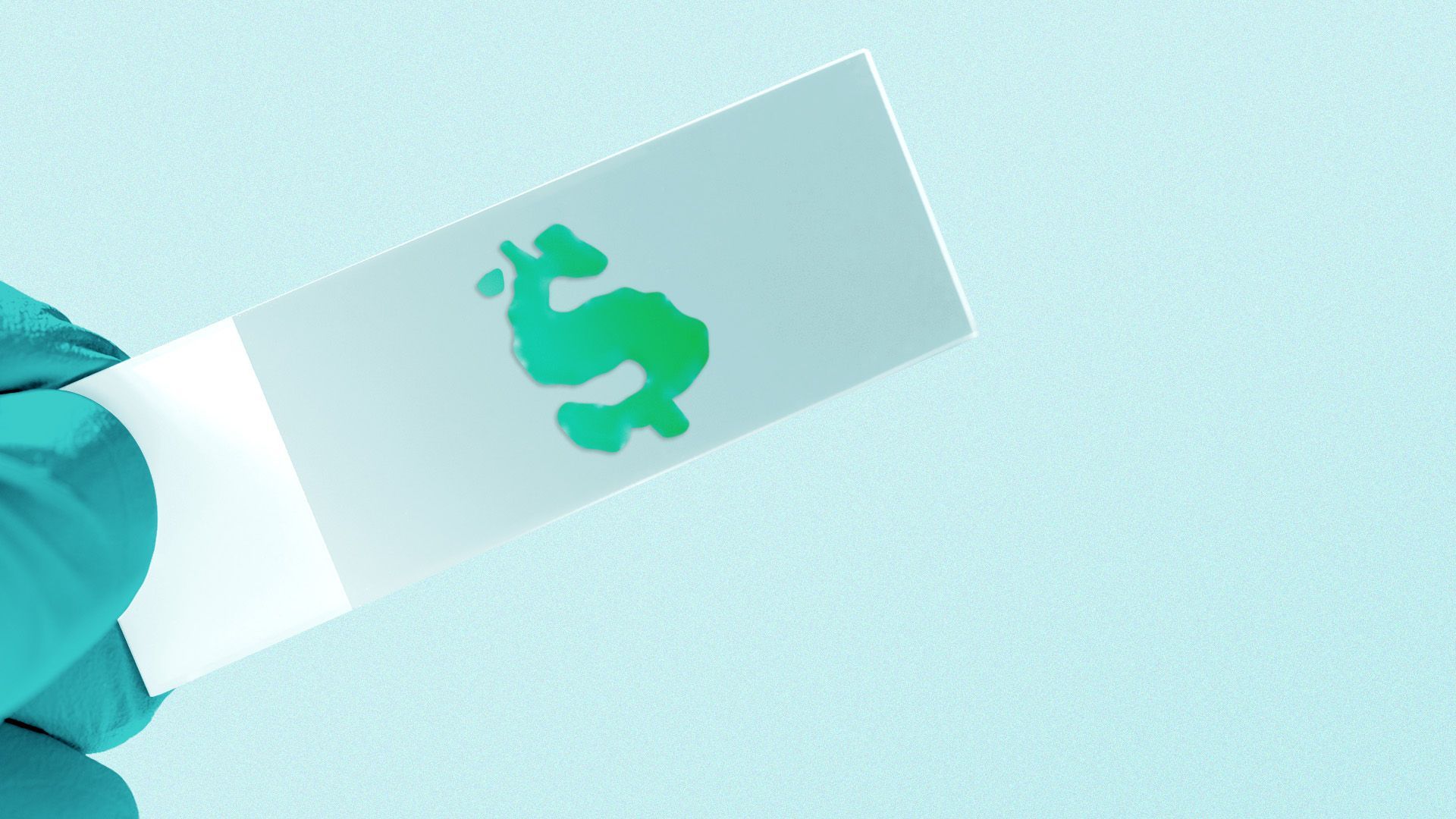 Illustration of a hand holding a microscope slide with a liquid sample forming a dollar sign.