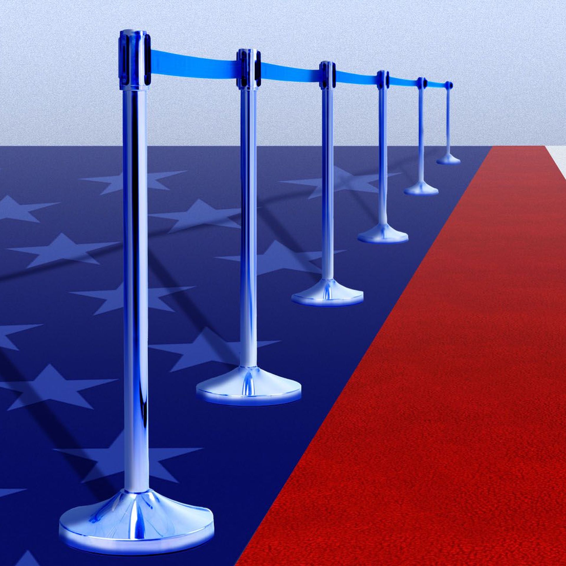 Illustration of the American flag with a stripe as a red carpet with a portable rope barrier beside it