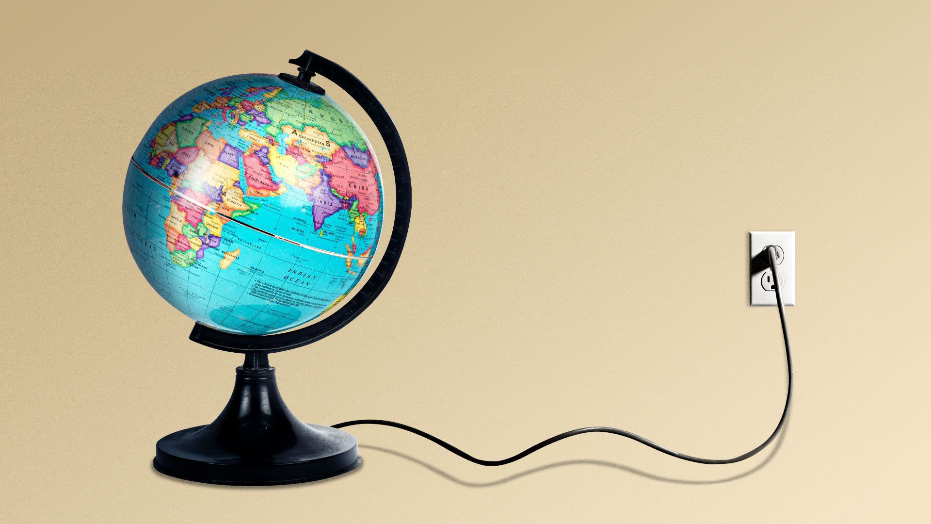 Illustration of a globe plugged into a wall socket.