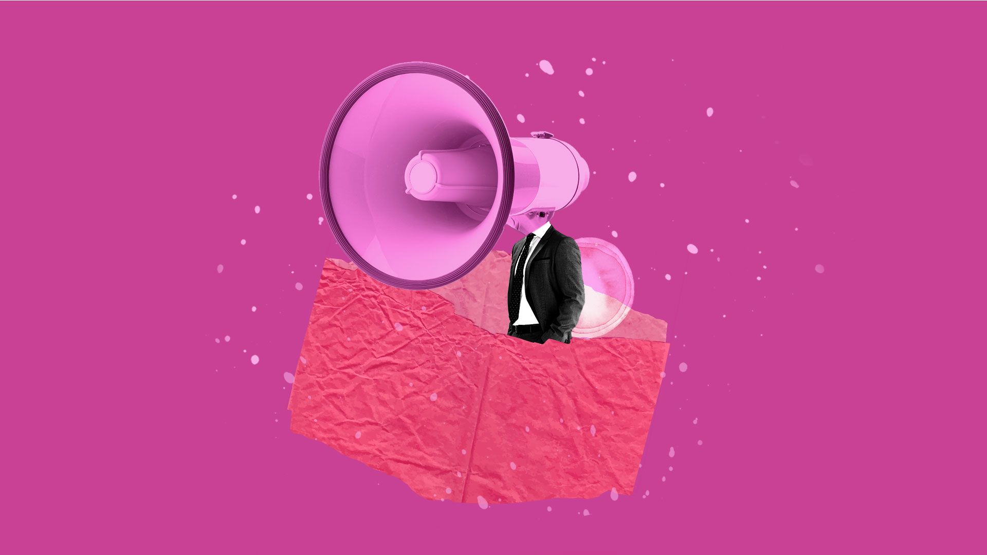 A businessman's head is covered with a large bell microphone.