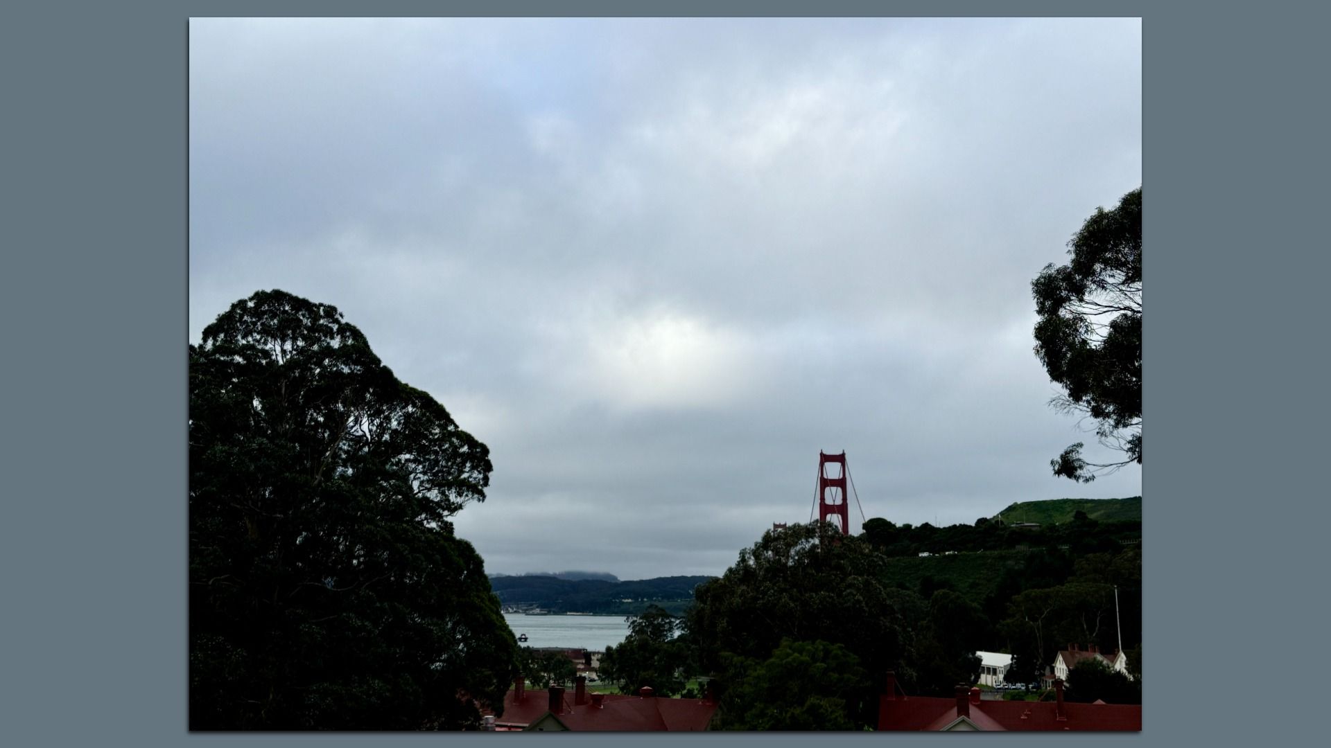 View of the Golden Gate Bridge partially obscured by trees under a cloudy sky, with red-roofed buildings and water in the background.