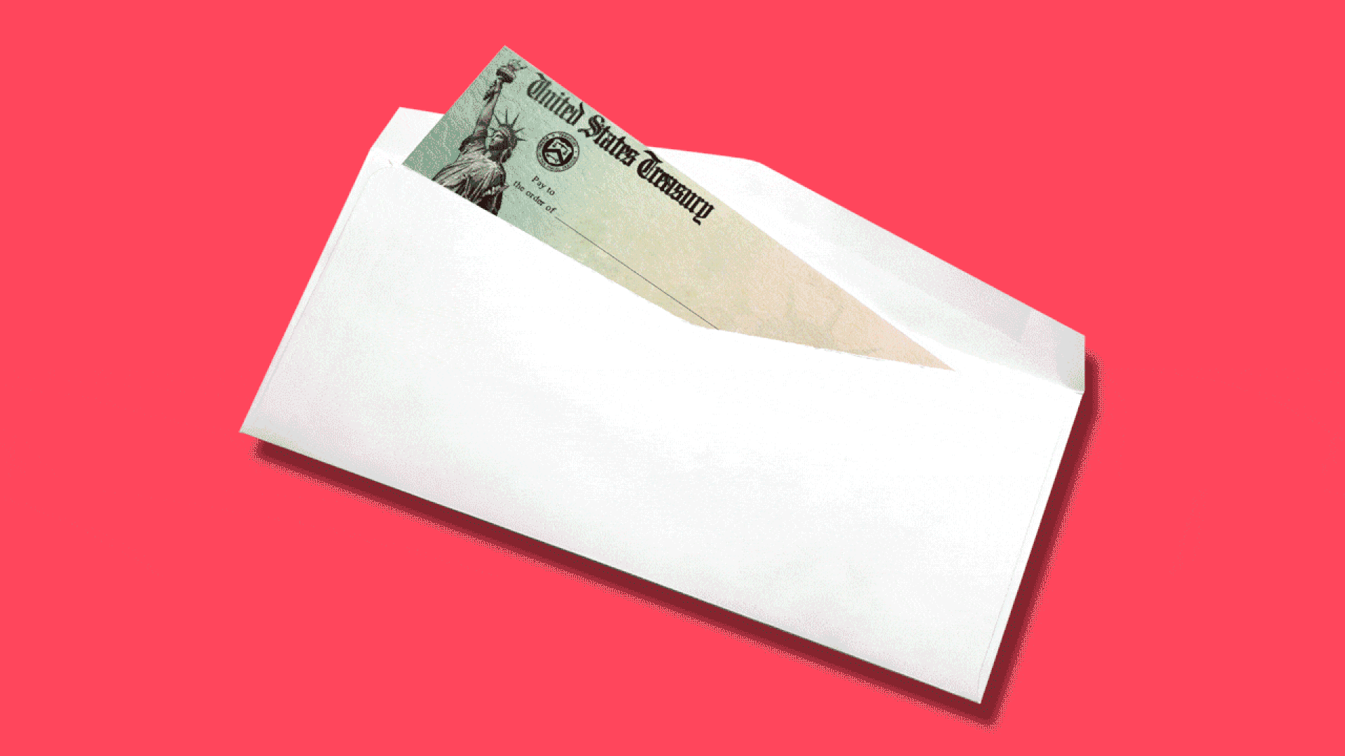 Animated illustration of a US Treasury refund check in an envelope fading away and disappearing