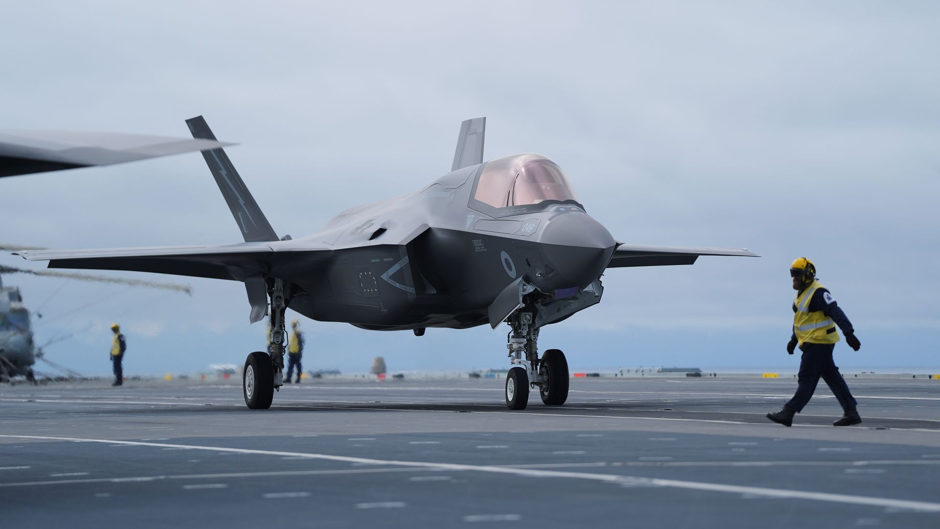 An F-35B fighter prepares to take off on the deck of HMS Prince of Wales off the coast of Iceland on July 5.