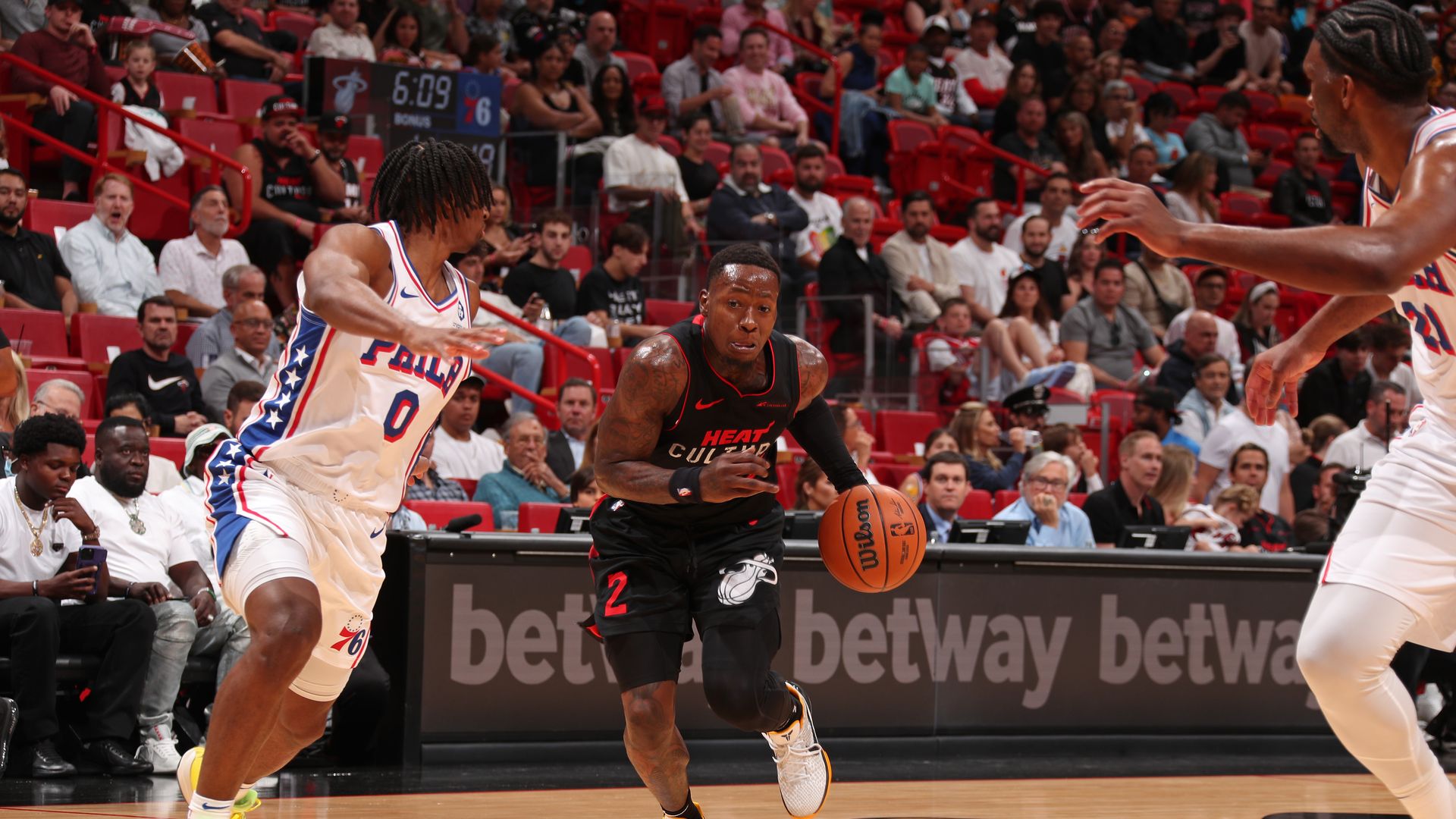 Terry Rozier #2 of the Miami Heat handles the ball during the game against the Philadelphia 76ers on April 4, 2024 at Kaseya Center in Miami, Florida. 