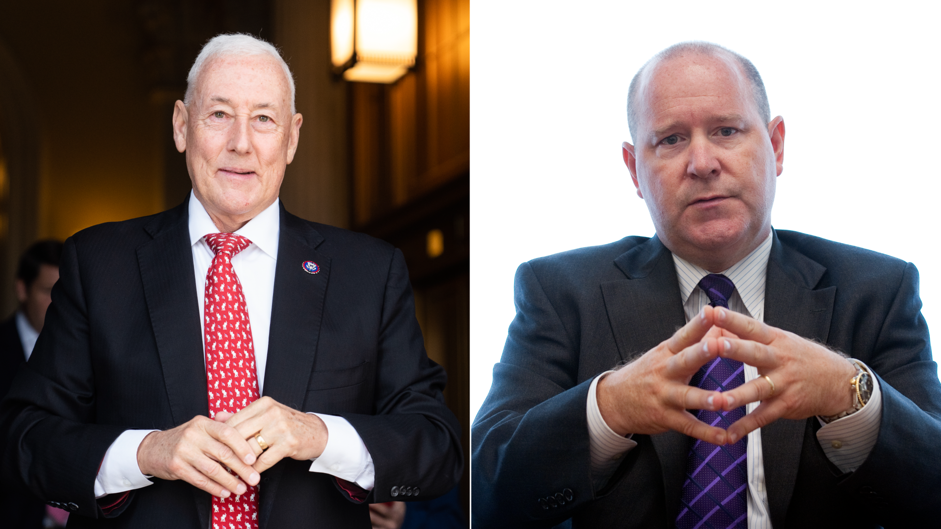 Side by side images of two men in suits