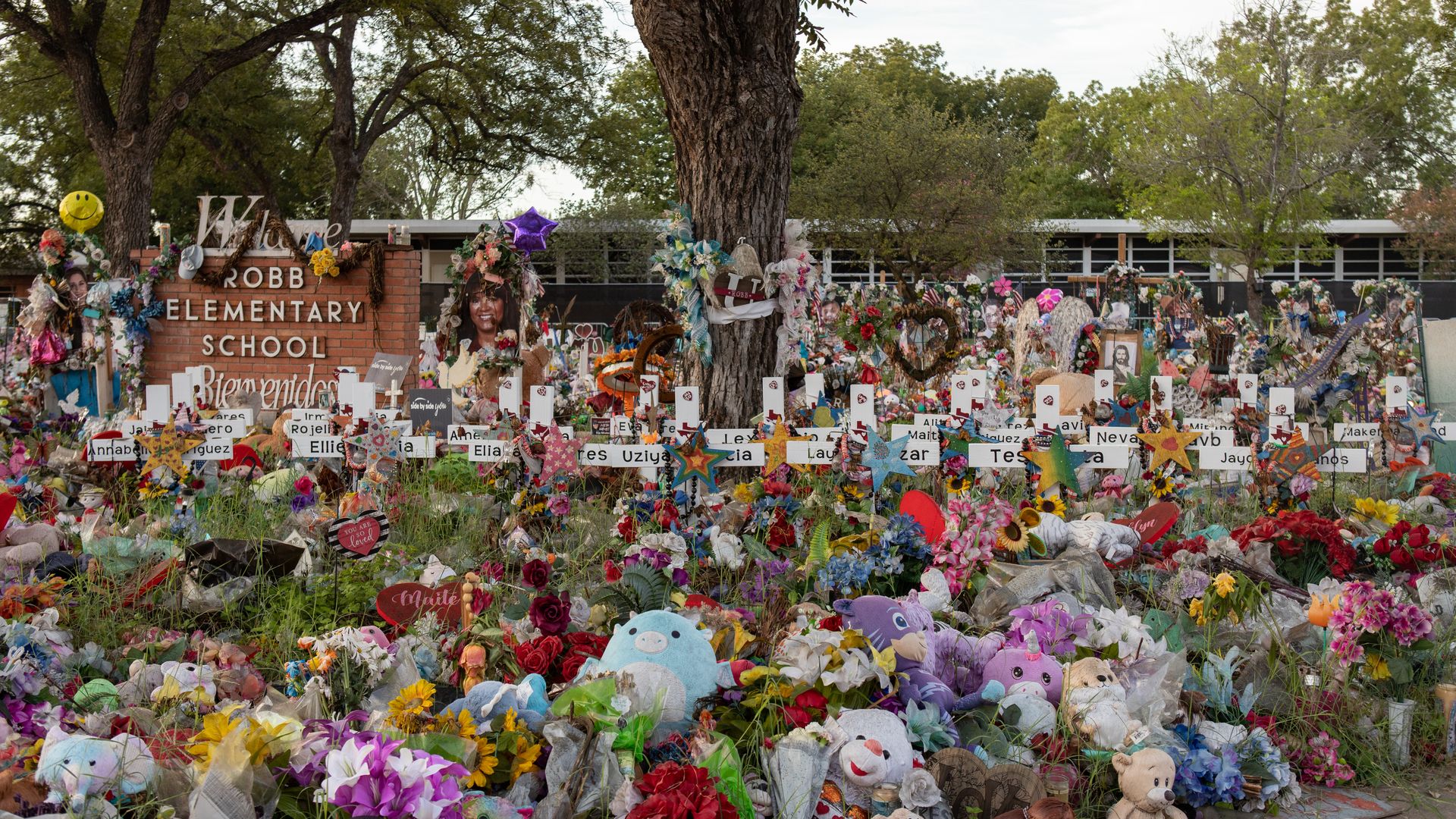  A memorial outside of Robb Elementary School for the 21 lives taken by a gunman in Uvalde, Texas, United States on September 06.