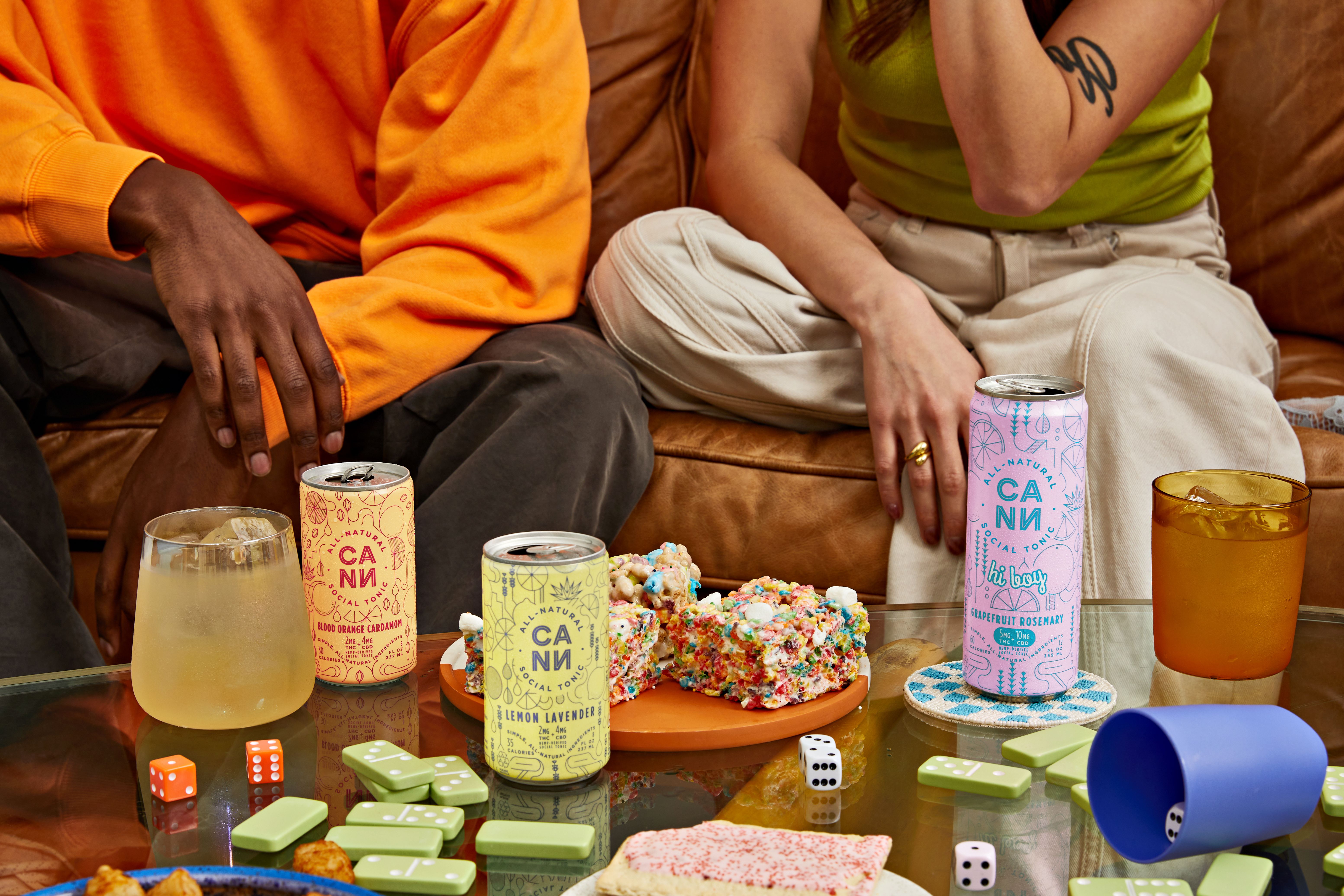 A party table shows snacks, games and cans of cannabis-laced soda.