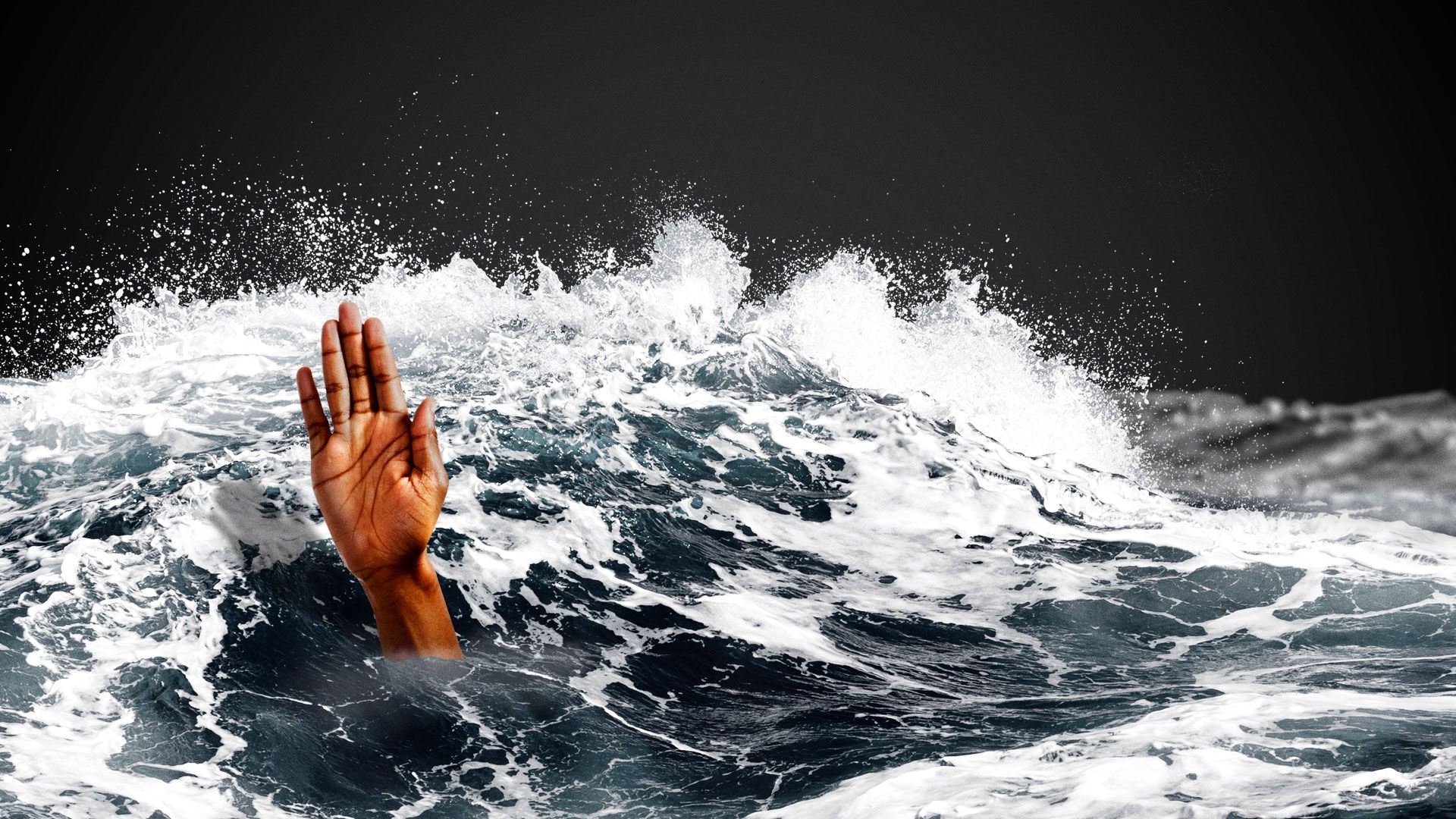 Illustration of black hand reaching out of rough water