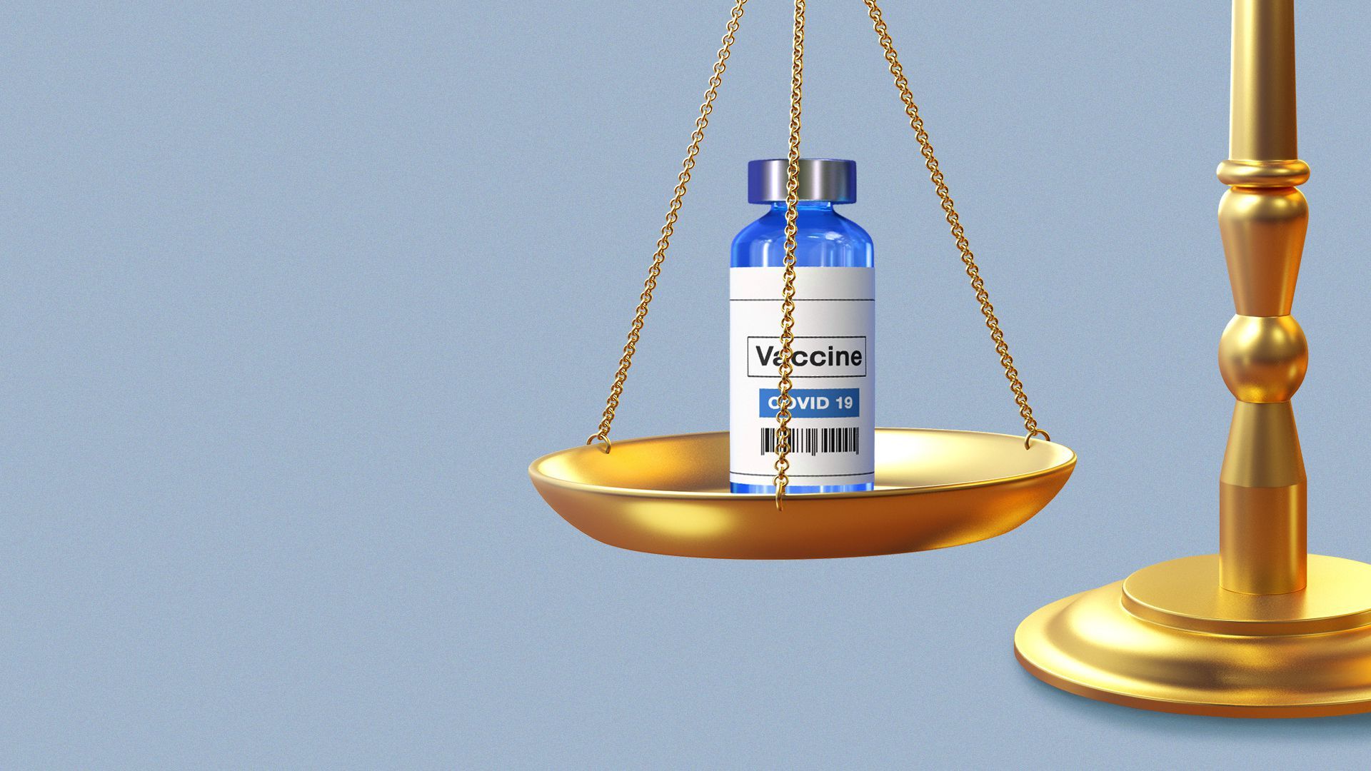 Illustration of closeup of one side of a standing justice scale with a covid vaccine bottle on the hanging platform.