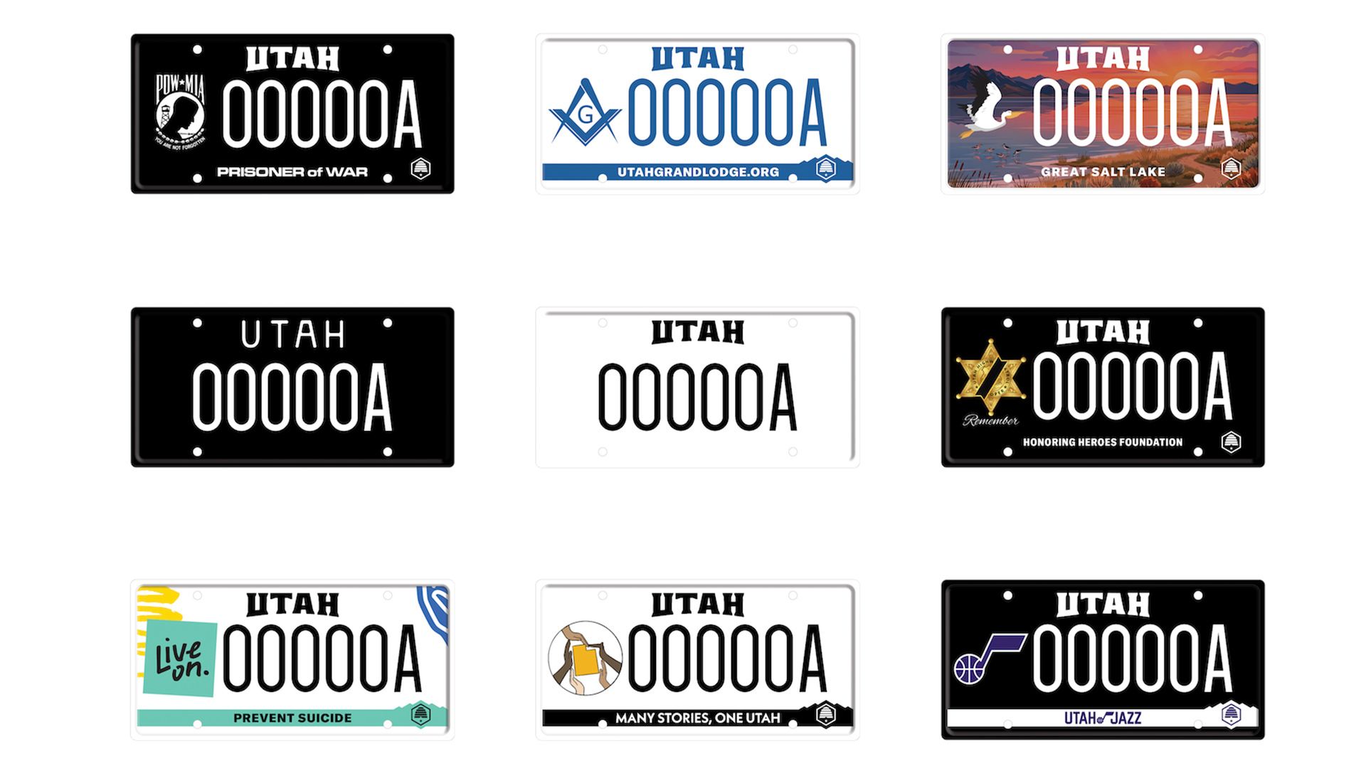 A grid of Utah license plates in various colors and designs, including black 'PRISONER OF WAR' plate, white 'UTAH GRAND LODGE' plate, and a 'Great Salt Lake' plate.