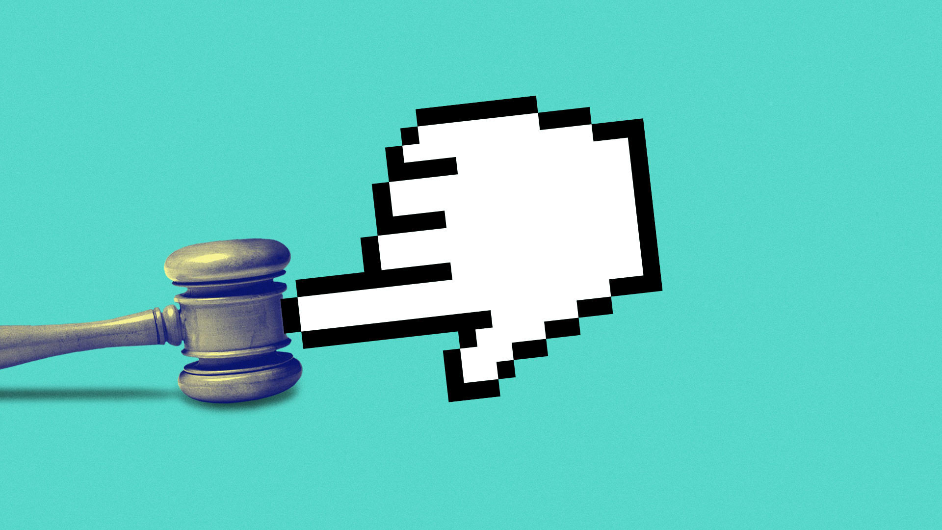A gavel is pushed out of the way by a computer graphic of a hand