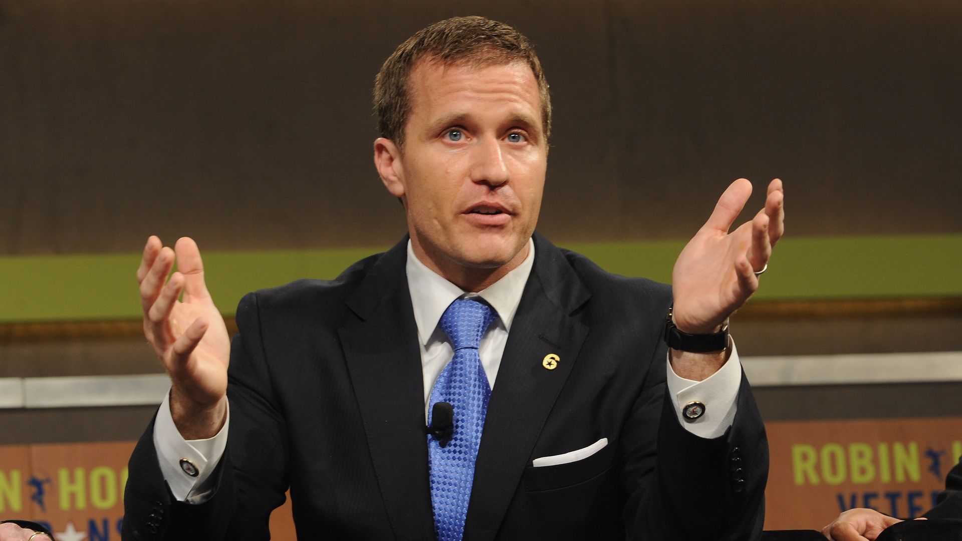 Former Missouri Gov. Eric Greitens is seen speaking.