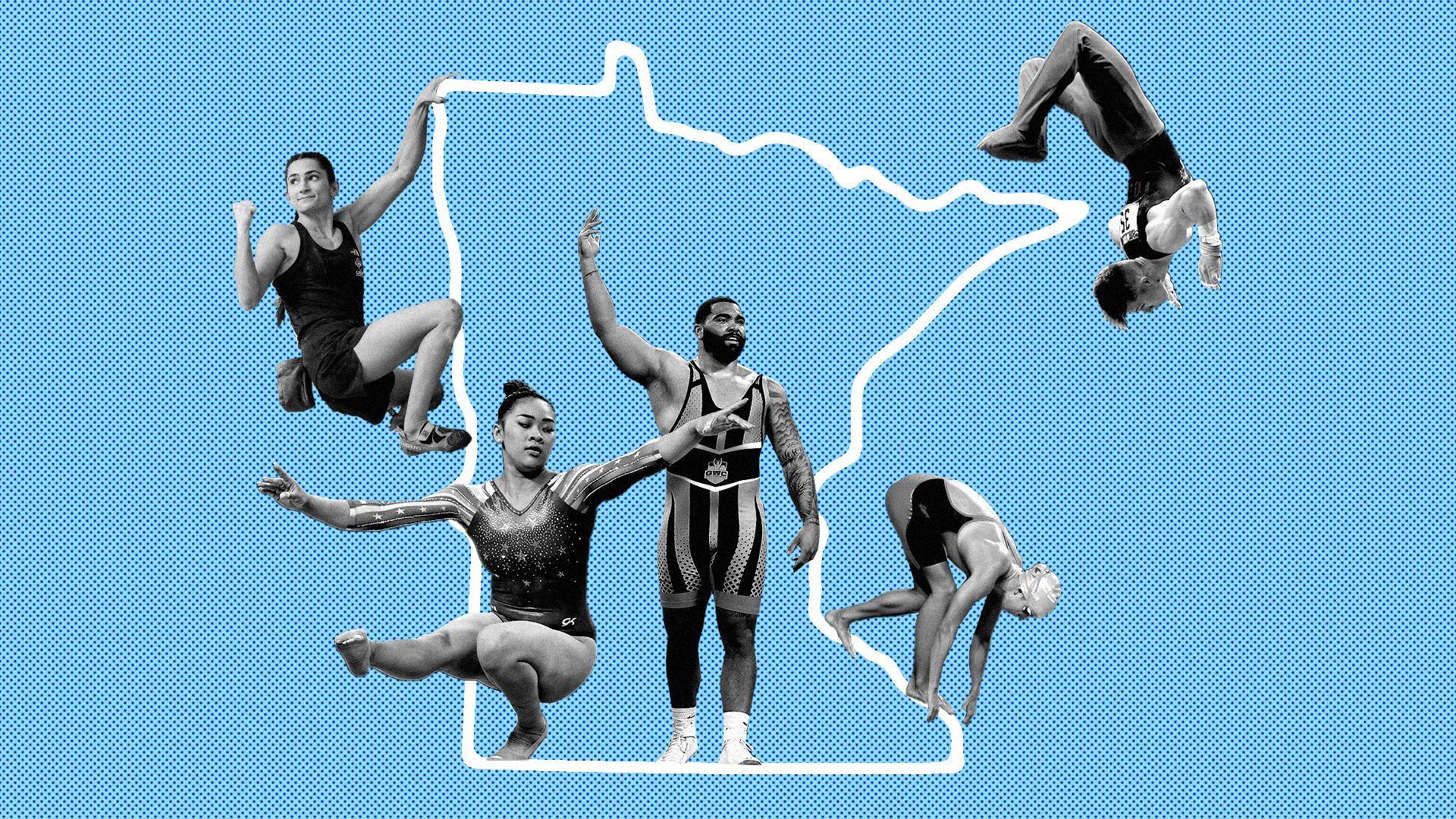 Photo illustration of numerous Olympic athletes from Minnesota set against the state's shape
