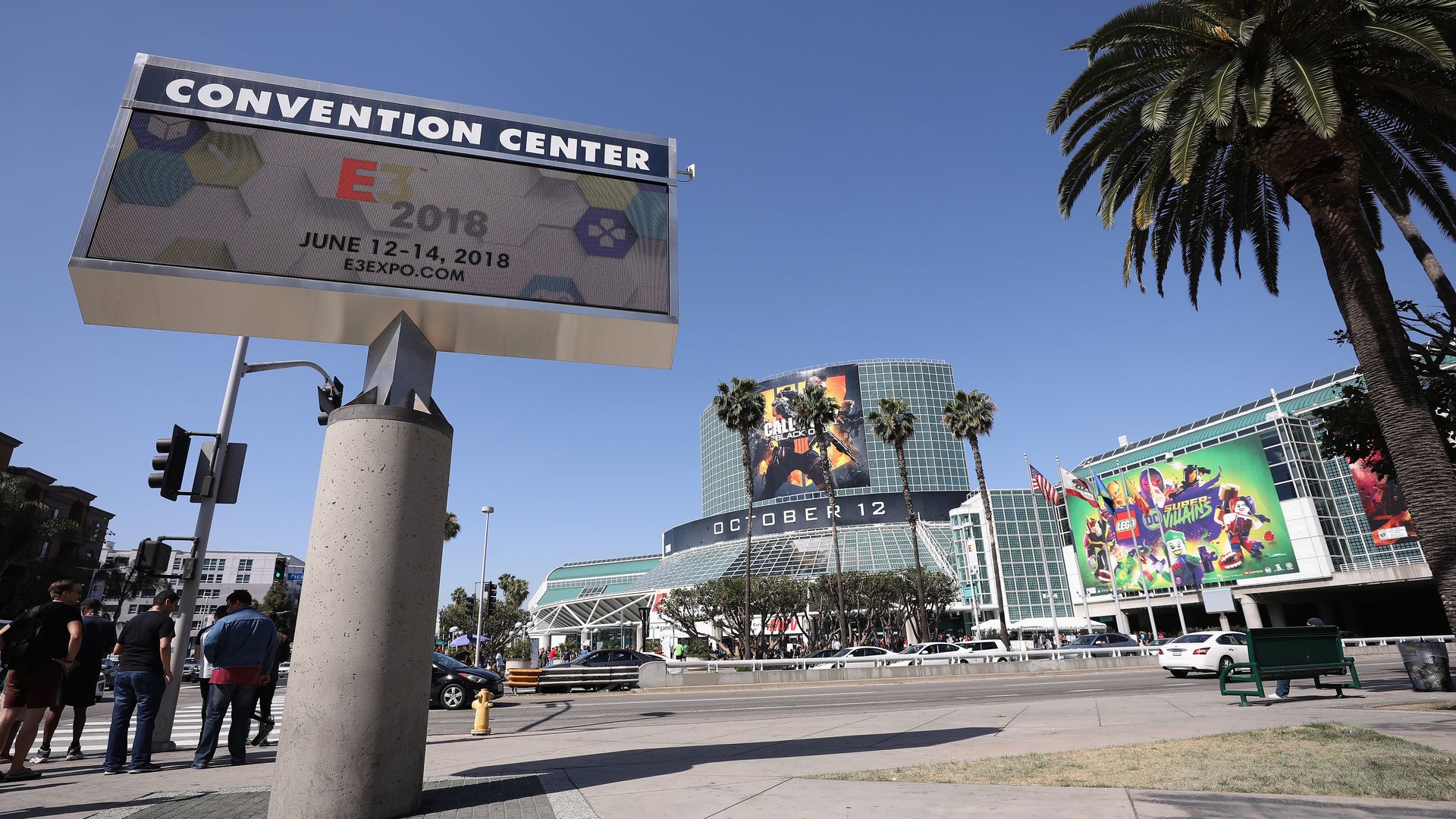 Photo of the Los Angeles Convention Center covered in giant ads for video games