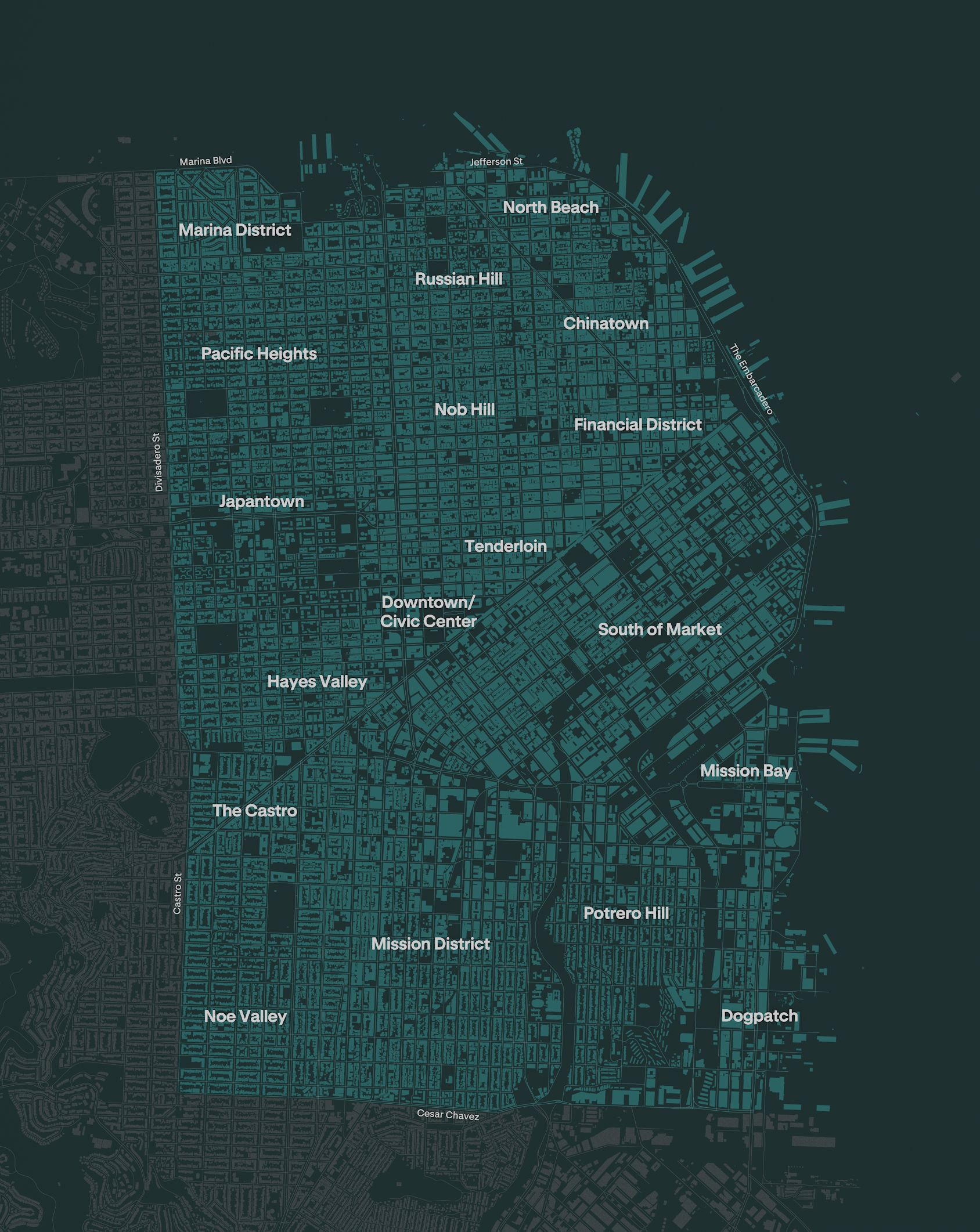 Teal map of San Francisco with neighborhoods labeled: North Beach, Chinatown, Financial District, Nob Hill, SoMa, Mission District, The Castro, Pacific Heights, Japantown, Marina District, Russian Hill.