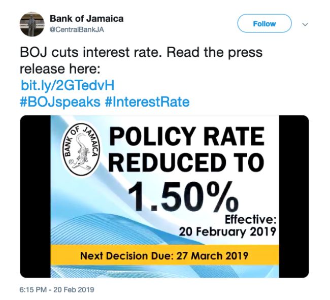 The Bank of Jamaica's rate cut announcement on Twitter.