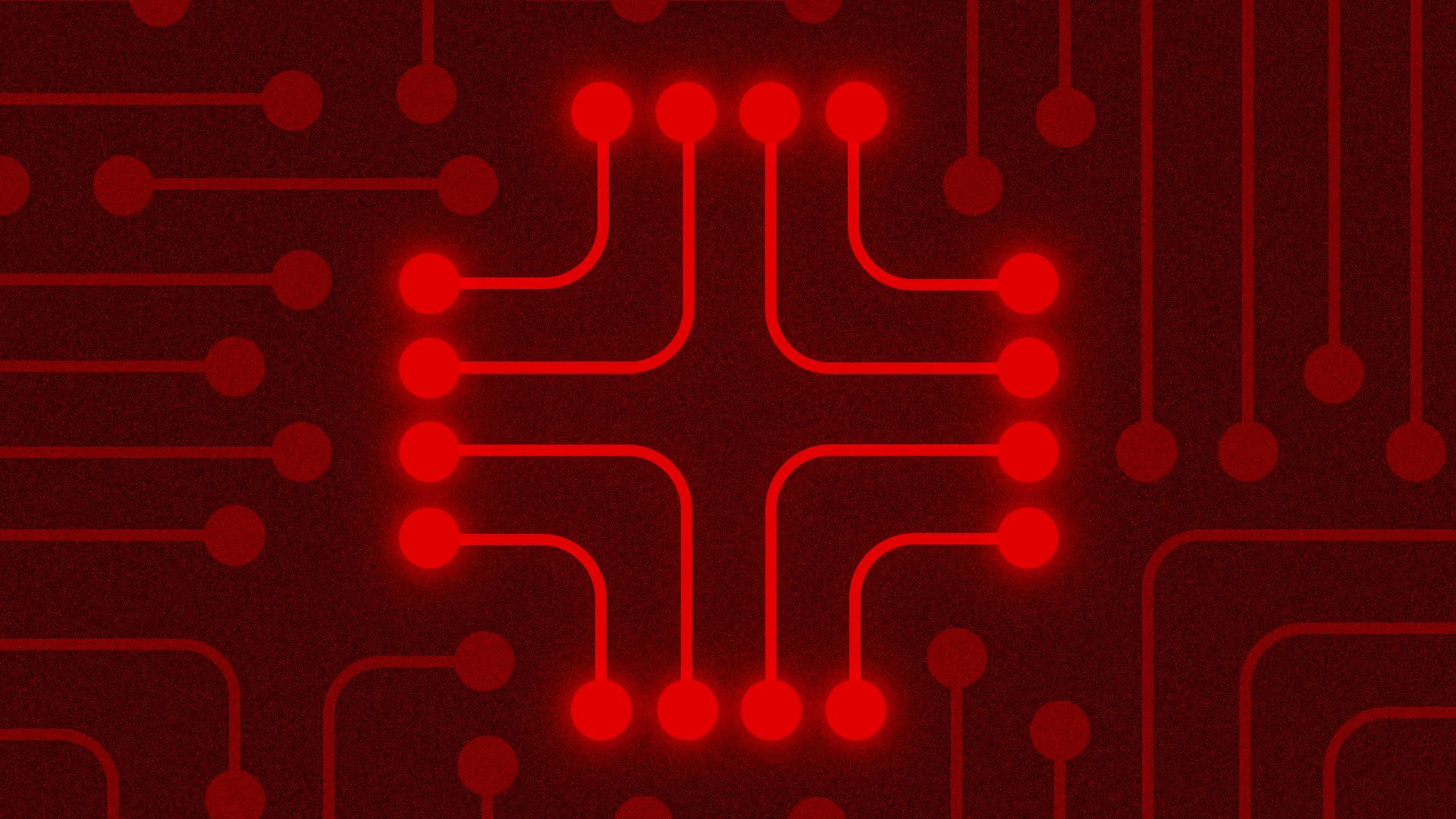 an illustration of a circuitboard with a red-cross-shaped section illuminated 