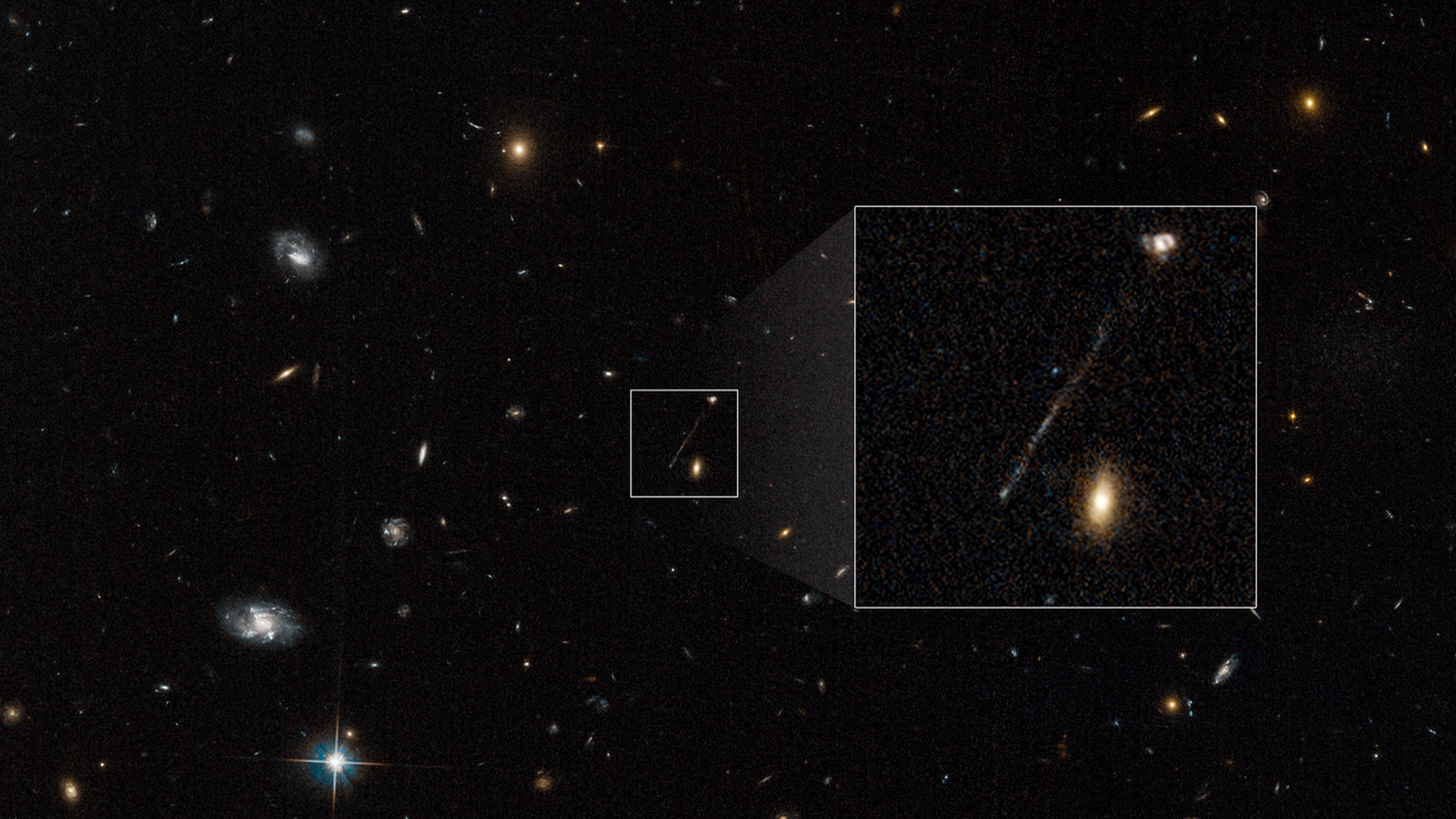 A runaway black hole with a line of stars behind it