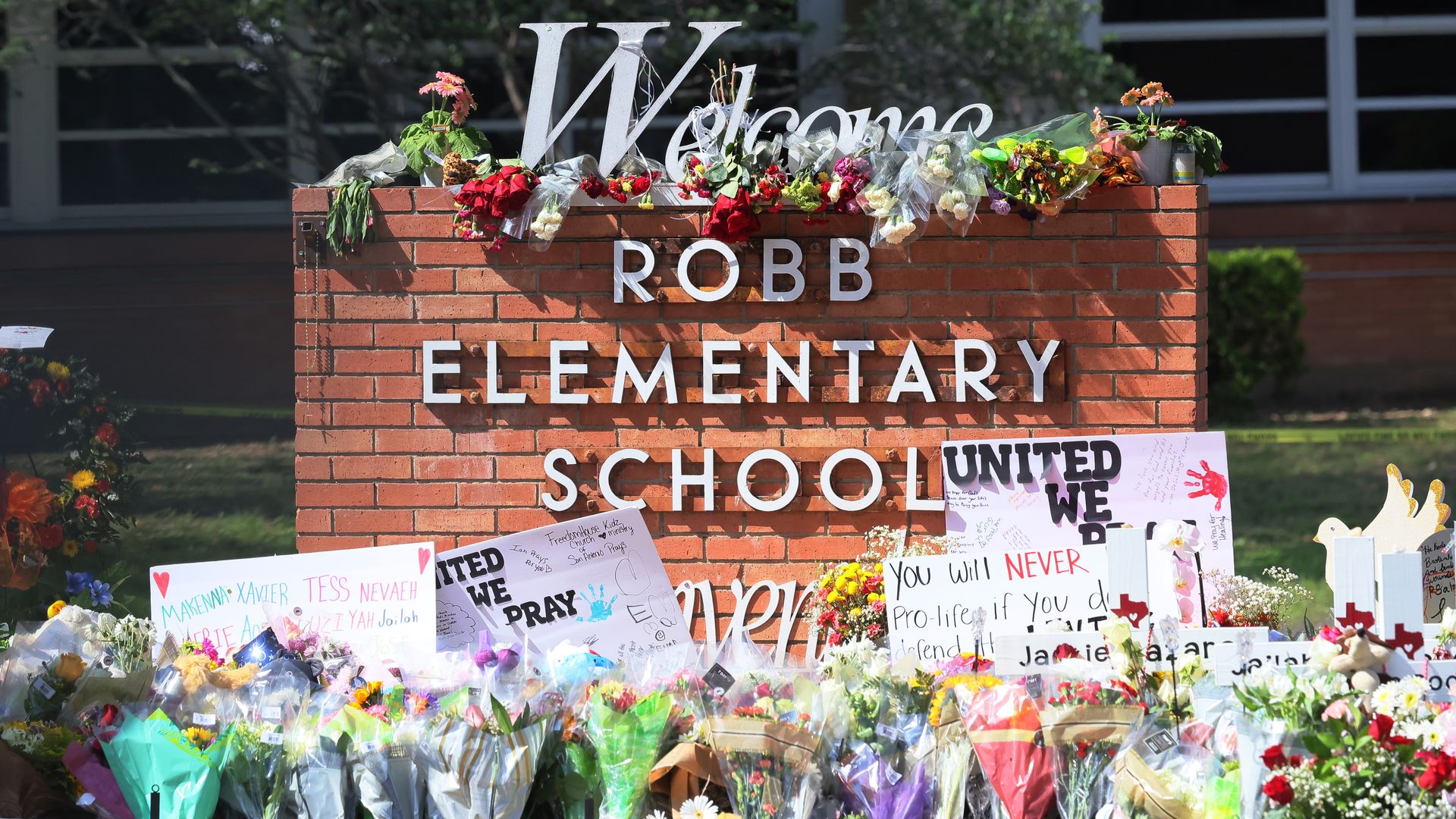 A memorial for mass shooting victims at Robb Elementary School is seen in May 2022 in Uvalde.