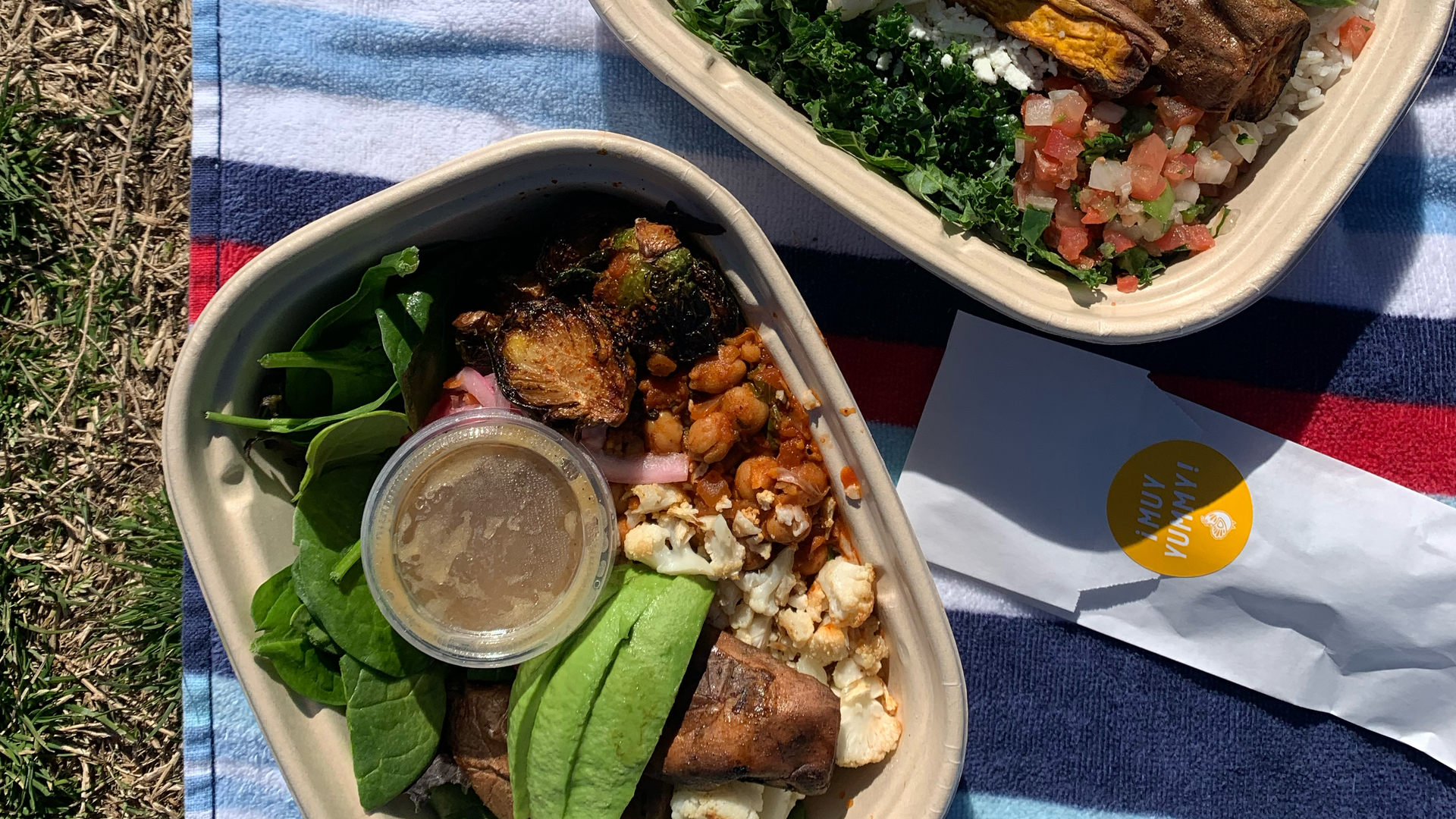 Two to-go containers on a picnic blanket