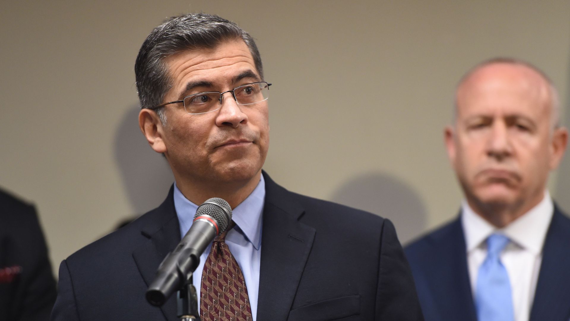 California Attorney General Xavier Becerra speaks at a press conference