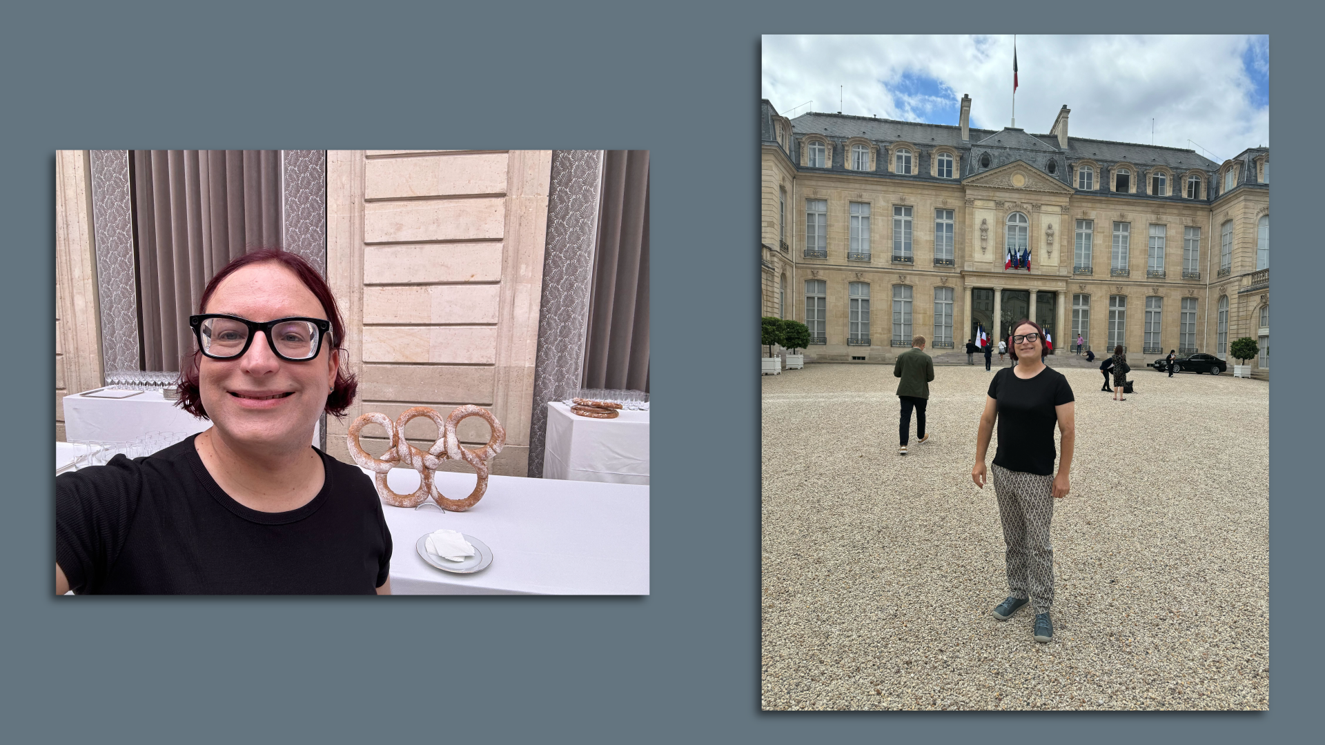 Two photos of Ina in Paris for the Olympics. One in front of bread shaped like the Olympic rings. 