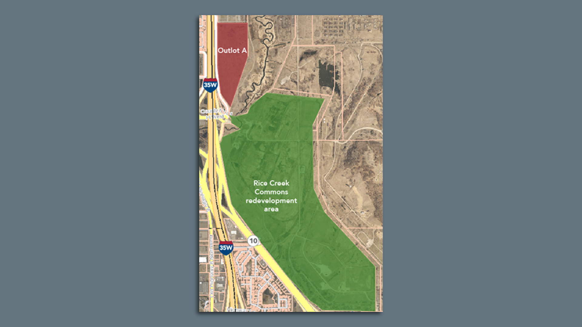 A map showing the Rice Creek Commons site