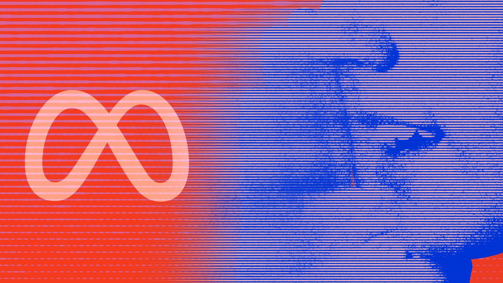 Illustration of a person whispering into the Meta logo with a glitchy effect