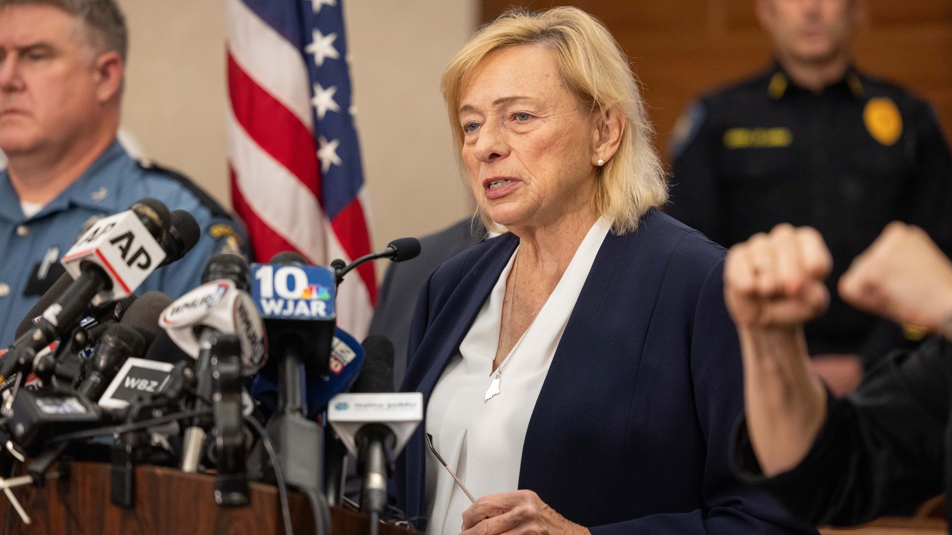 Maine Governor Janet Mills speaks during a press conference about the mass shooting on October 26, 2023 in Lewiston, Maine.