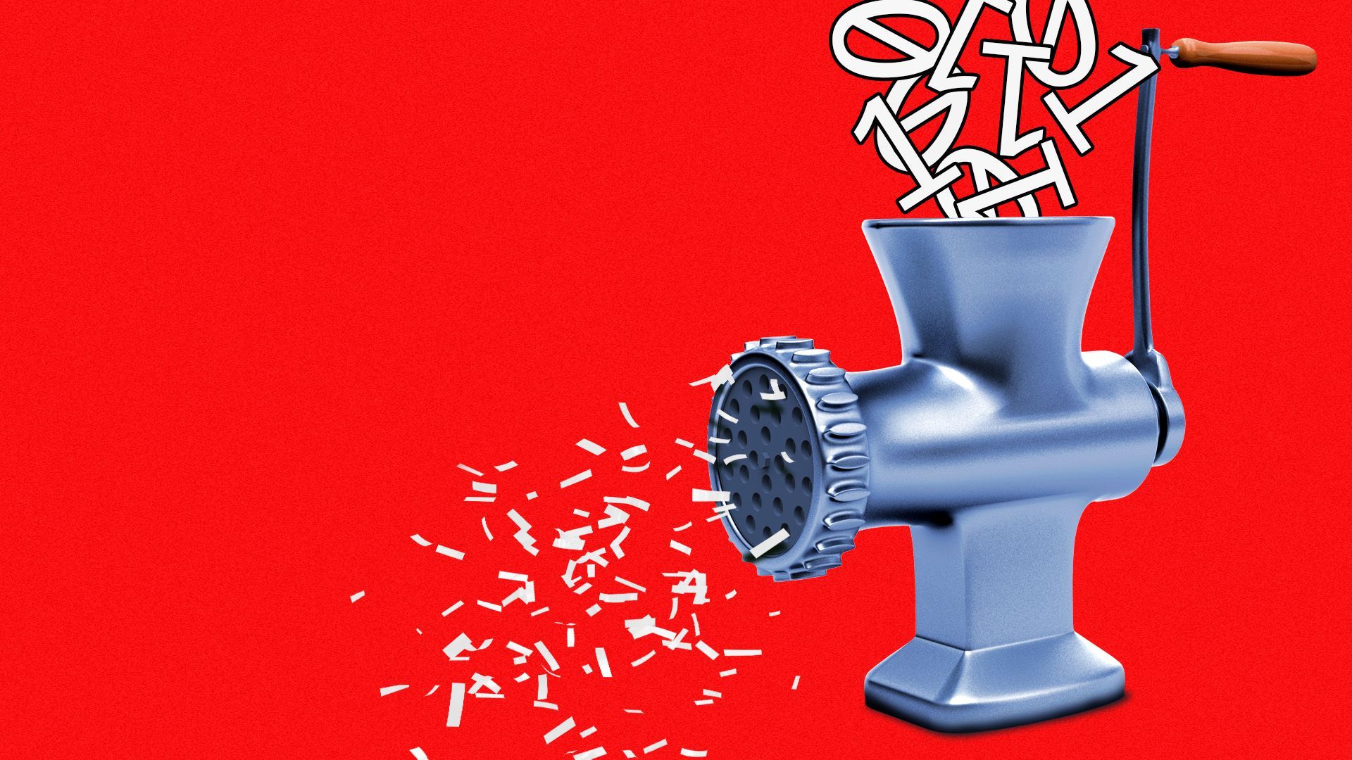 Illustration of a meat grinder grinding binary code into confetti