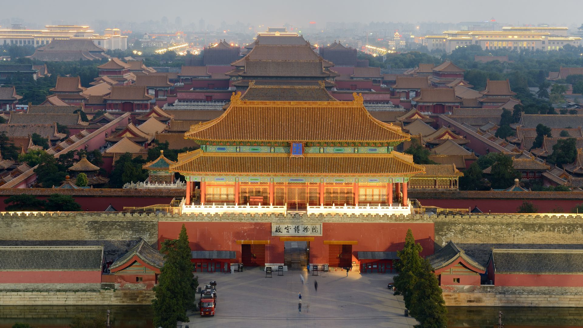 Aerial view of Forbidden City during sunset