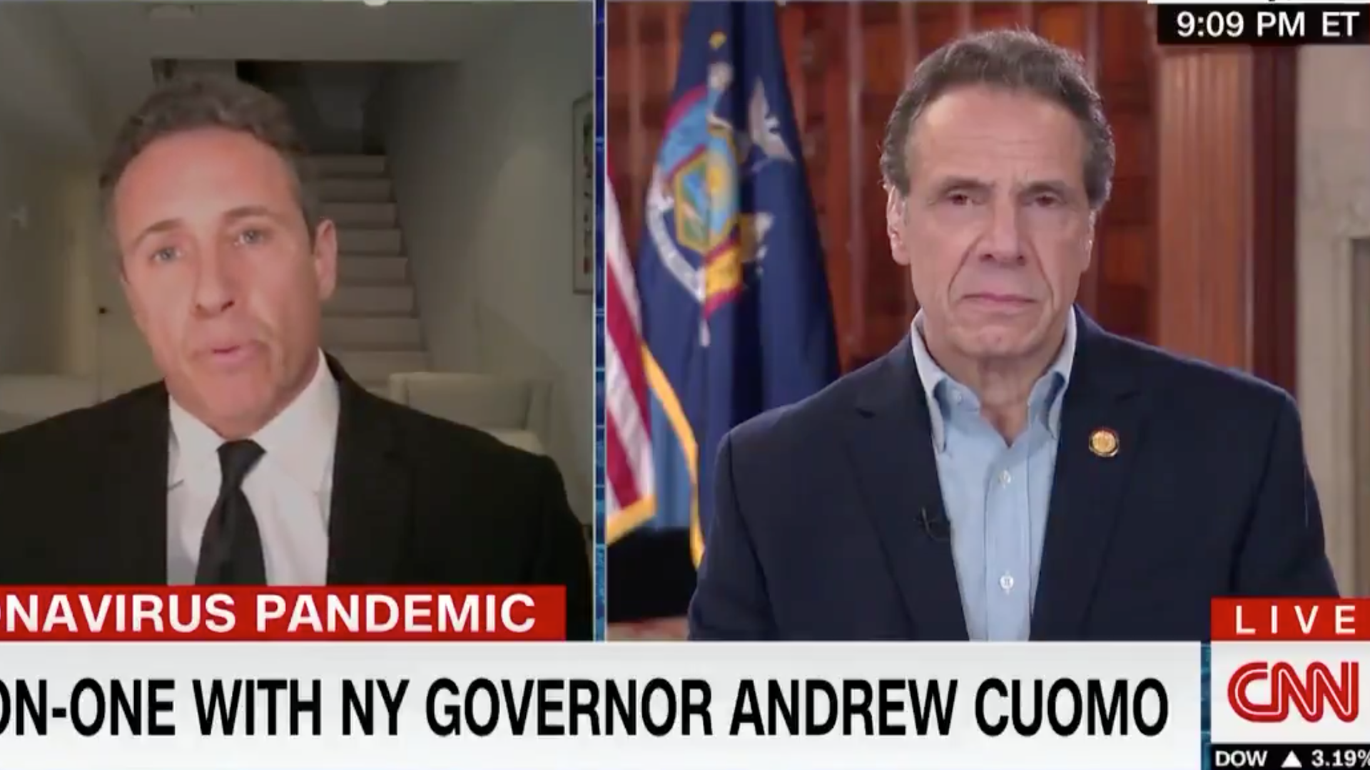 A screenshot of CNN's Chris Cuomo with his brother New York Gov. Andrew Cuomo on his show Monday.