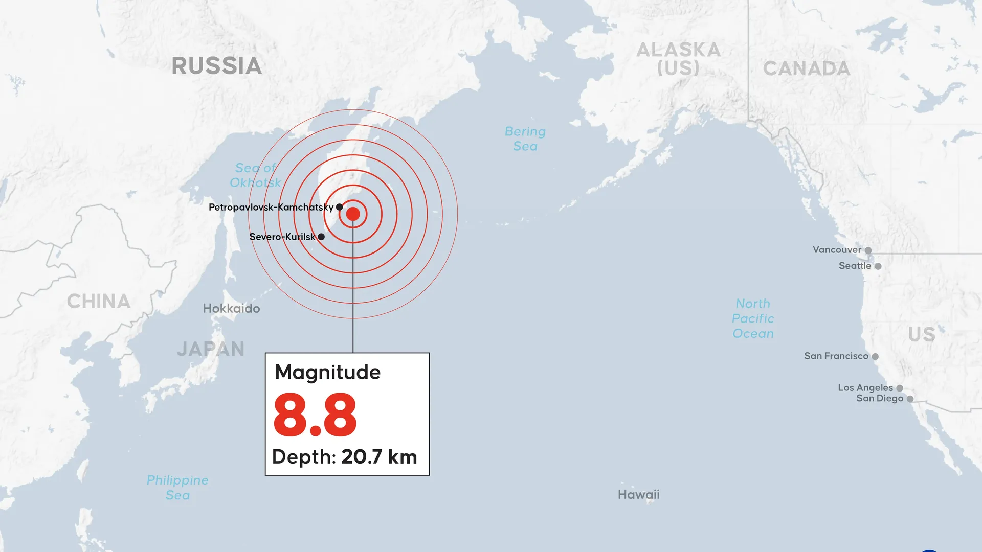 Map shows a magnitude 8.8 earthquake at 20.7 km depth off Russia's Kamchatka Peninsula, near Petropavlovsk-Kamchatsky and Severo-Kurilsk, dated July 30, 2025.
