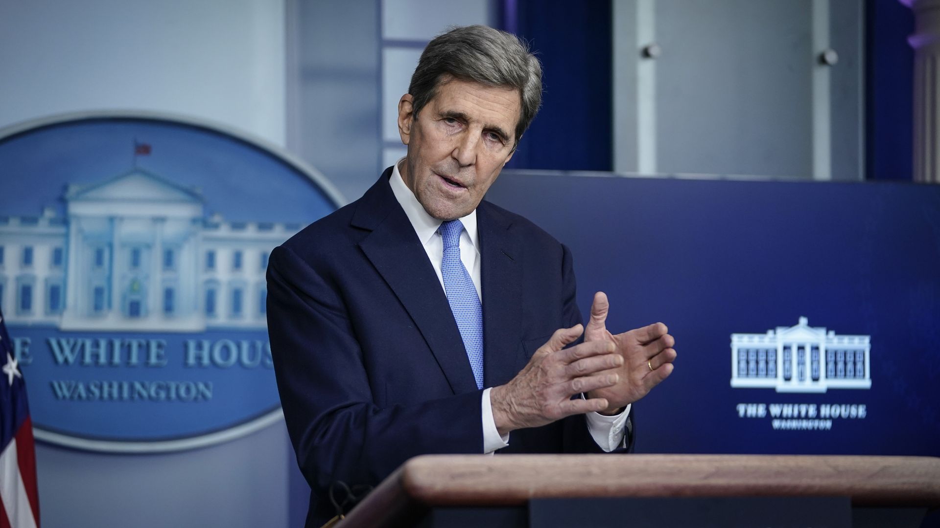  Special Presidential Envoy for Climate John Kerry speaks during a press briefing at the White House on January 27