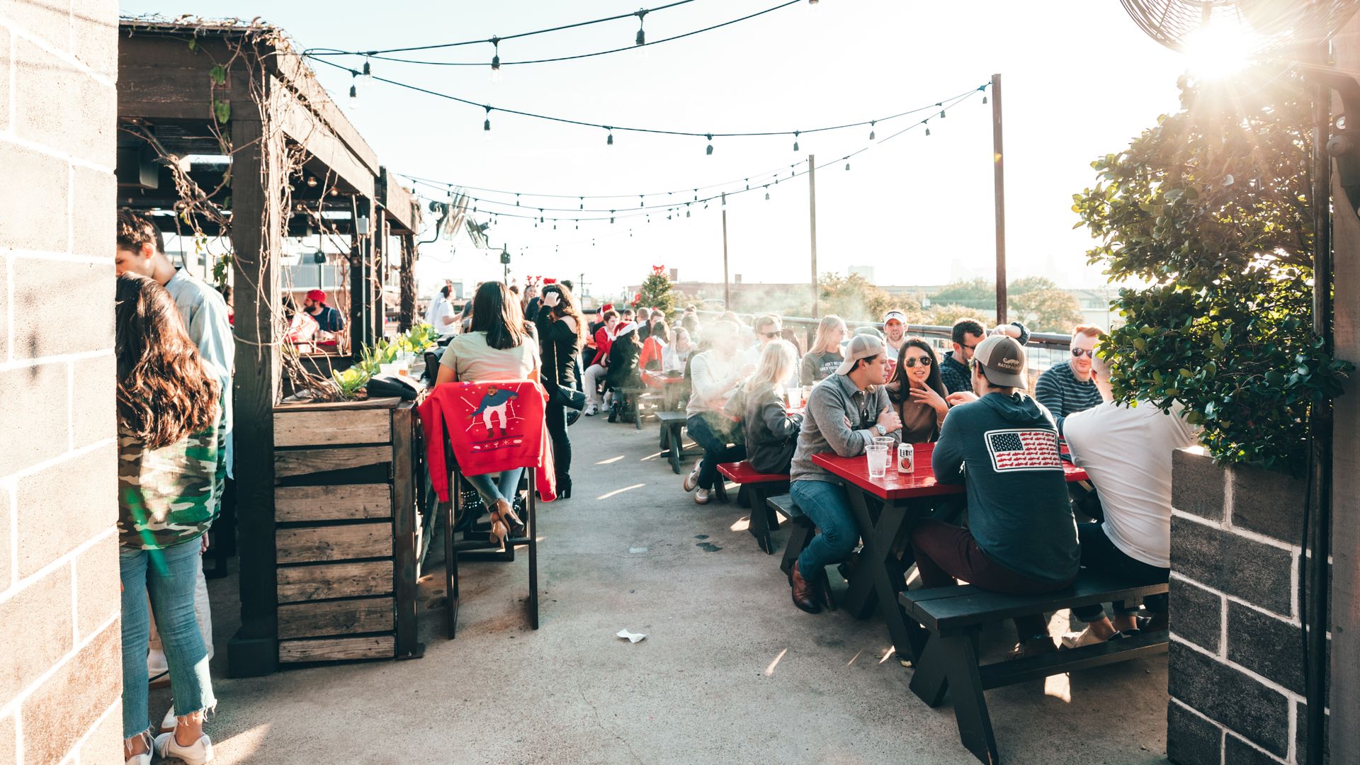 People gather on a rooftop