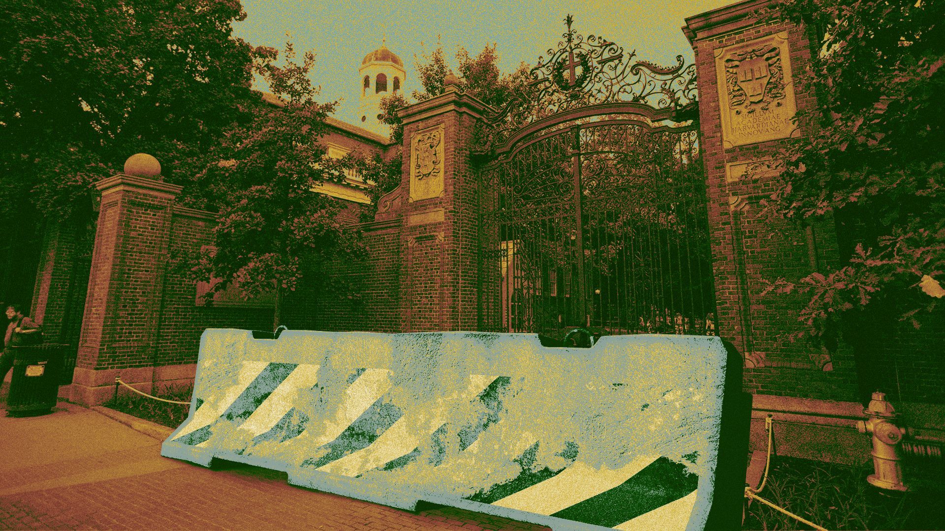 Photo illustration of the gate to Harvard Yard with a jersey barrier blocking it.