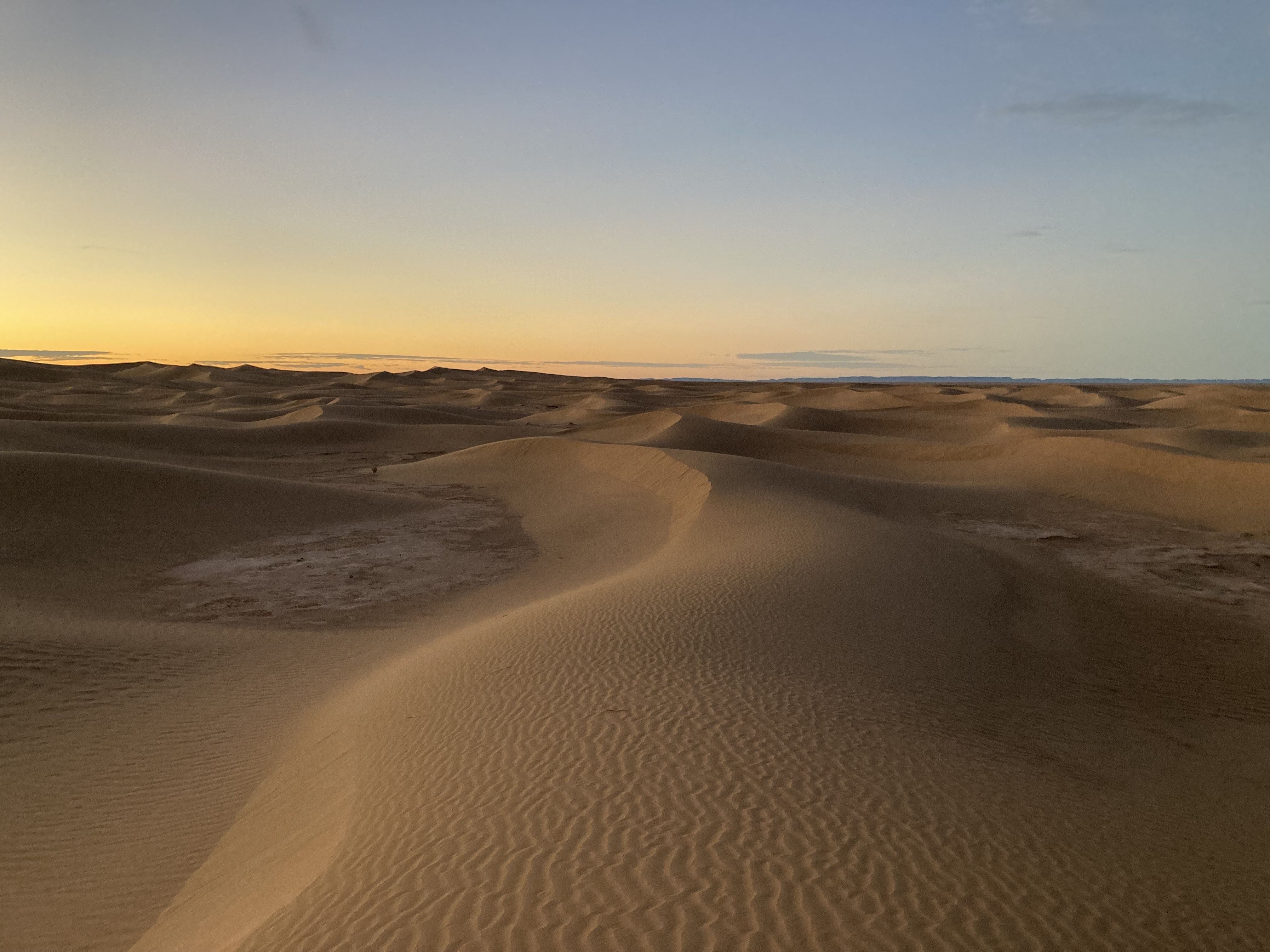 Golden desert dunes at sunset with wind-sculpted sand ripples, stretching to a distant horizon under a blue-to-orange sky.