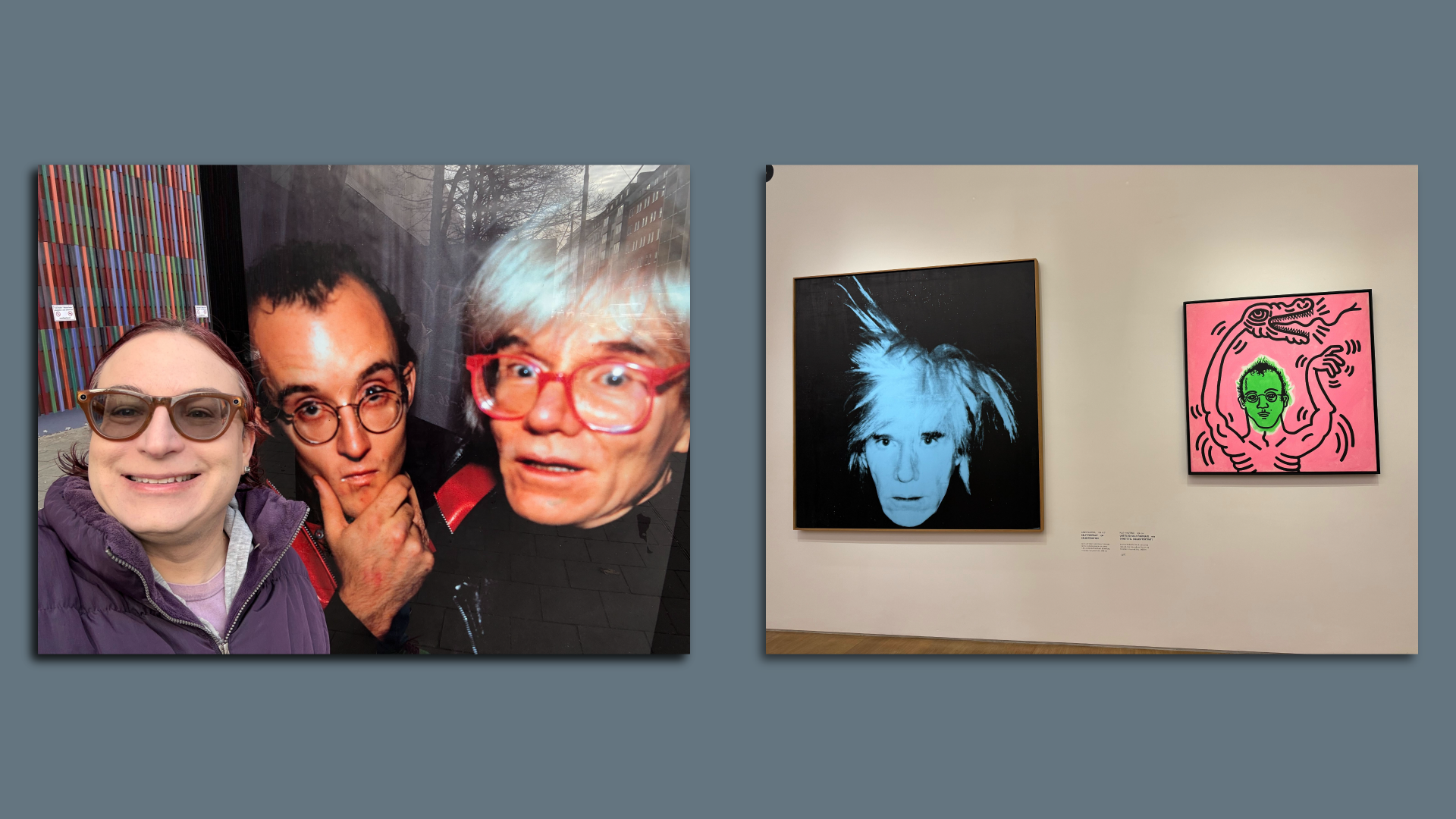 Two photographs on a grey background. The first photograph is a selfie taken by Ina Fried next to a large photograph of Keith Haring and Andy Warhol. The second photograph is a picture of the artists' paintings hanging in a museum.  