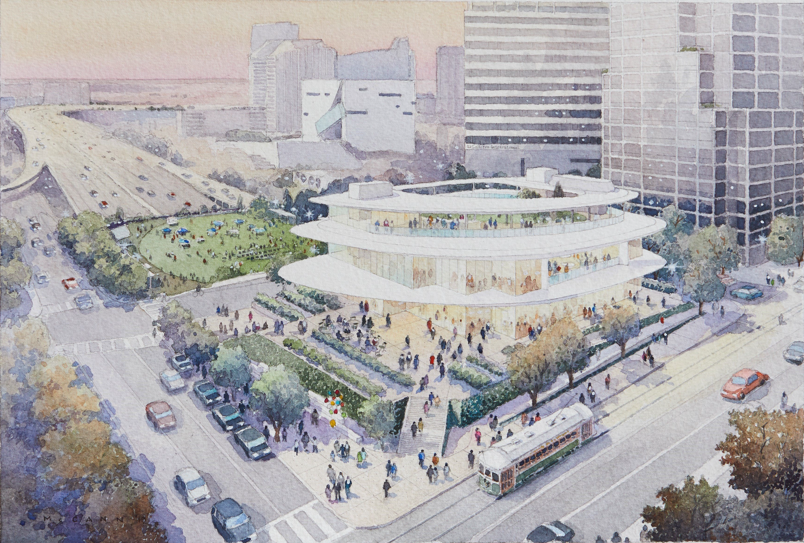 Watercolor cityscape at dusk: a circular white, multi-tiered building with glass walls sits beside a green park, as cars and pedestrians fill the streets and tall offices rise in the background.