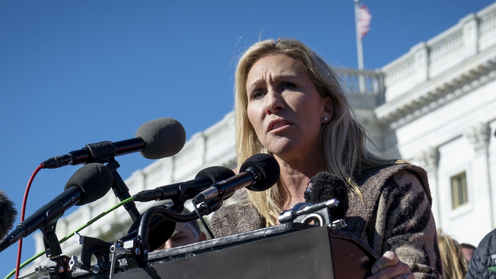  Rep. Marjorie Taylor Greene (R-GA) speaks during a press conference in front of the U.S. Capitol on November 1, 2021 in Washington, DC.