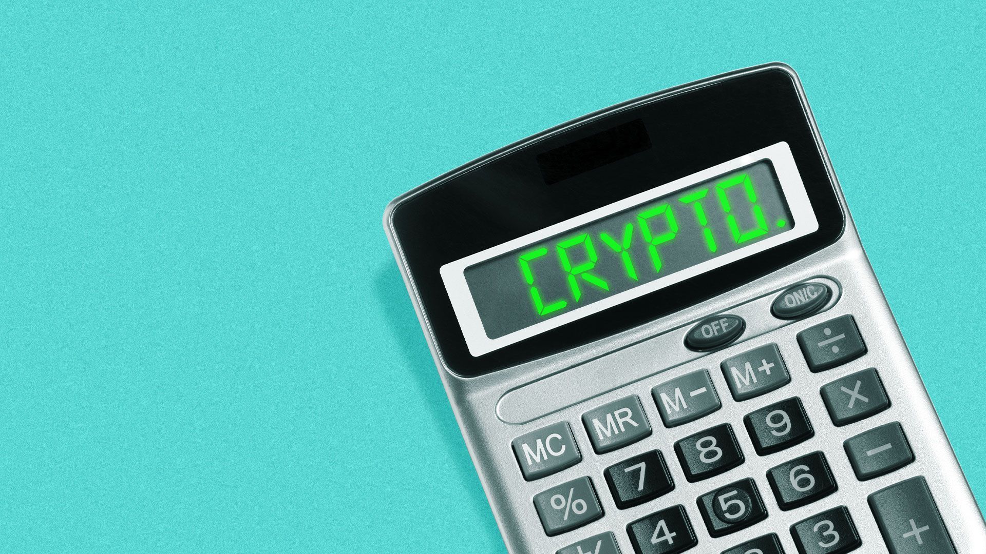 Illustration of a calculator with bright green text reading "crypto" on the screen.