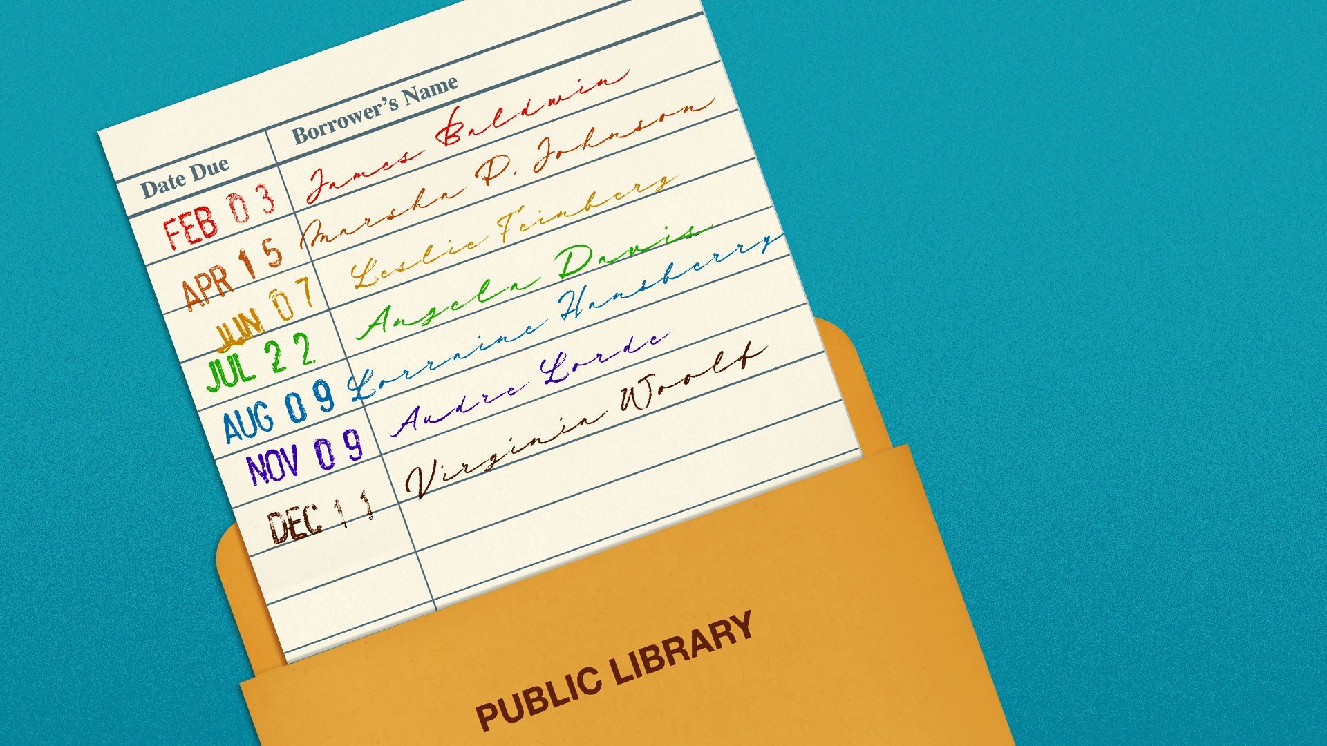 Illustration of a library due date card with the names of queer authors and activists written in rainbow colors.